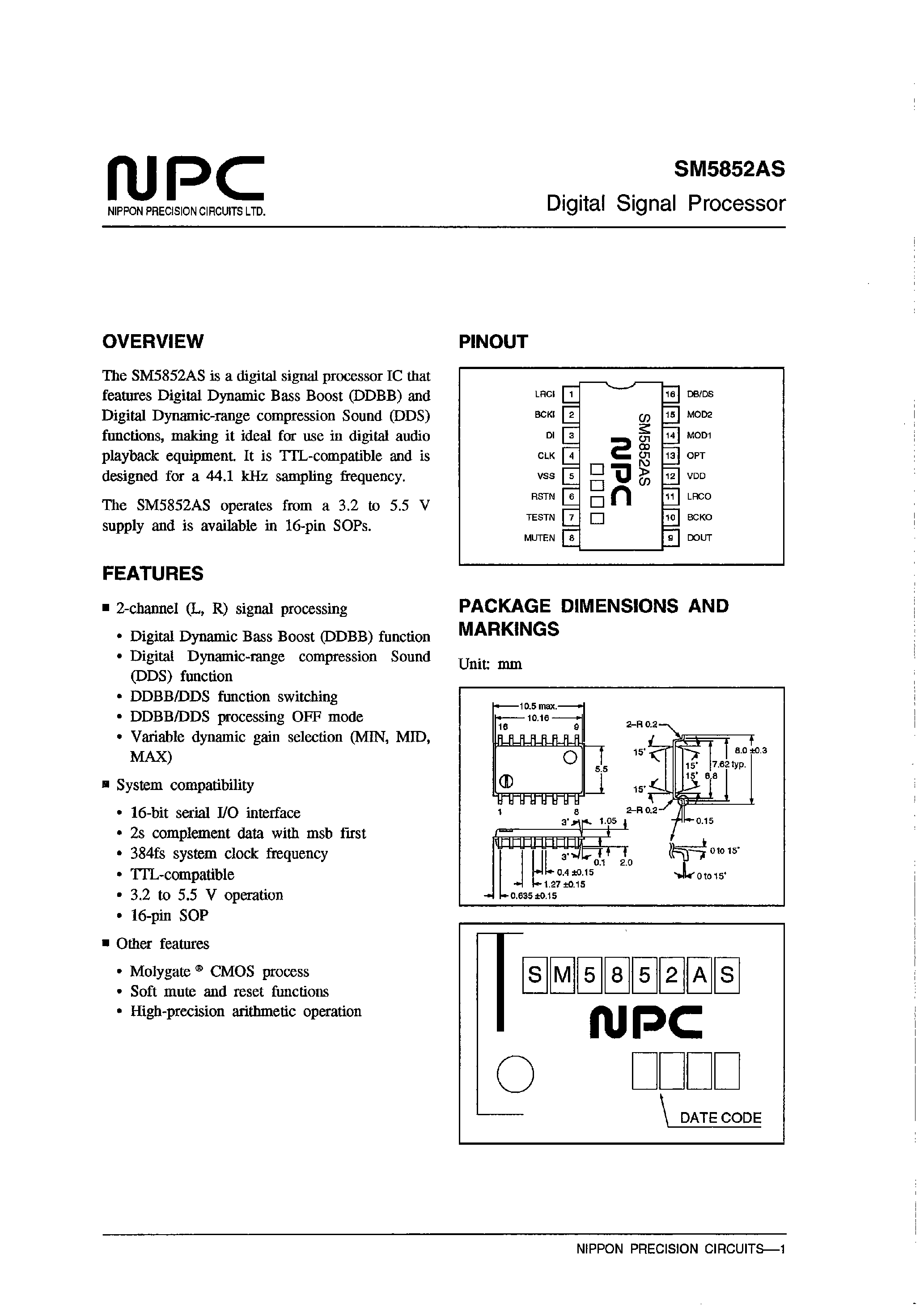 Даташит SM5852AS - Digital Signal Processor страница 1