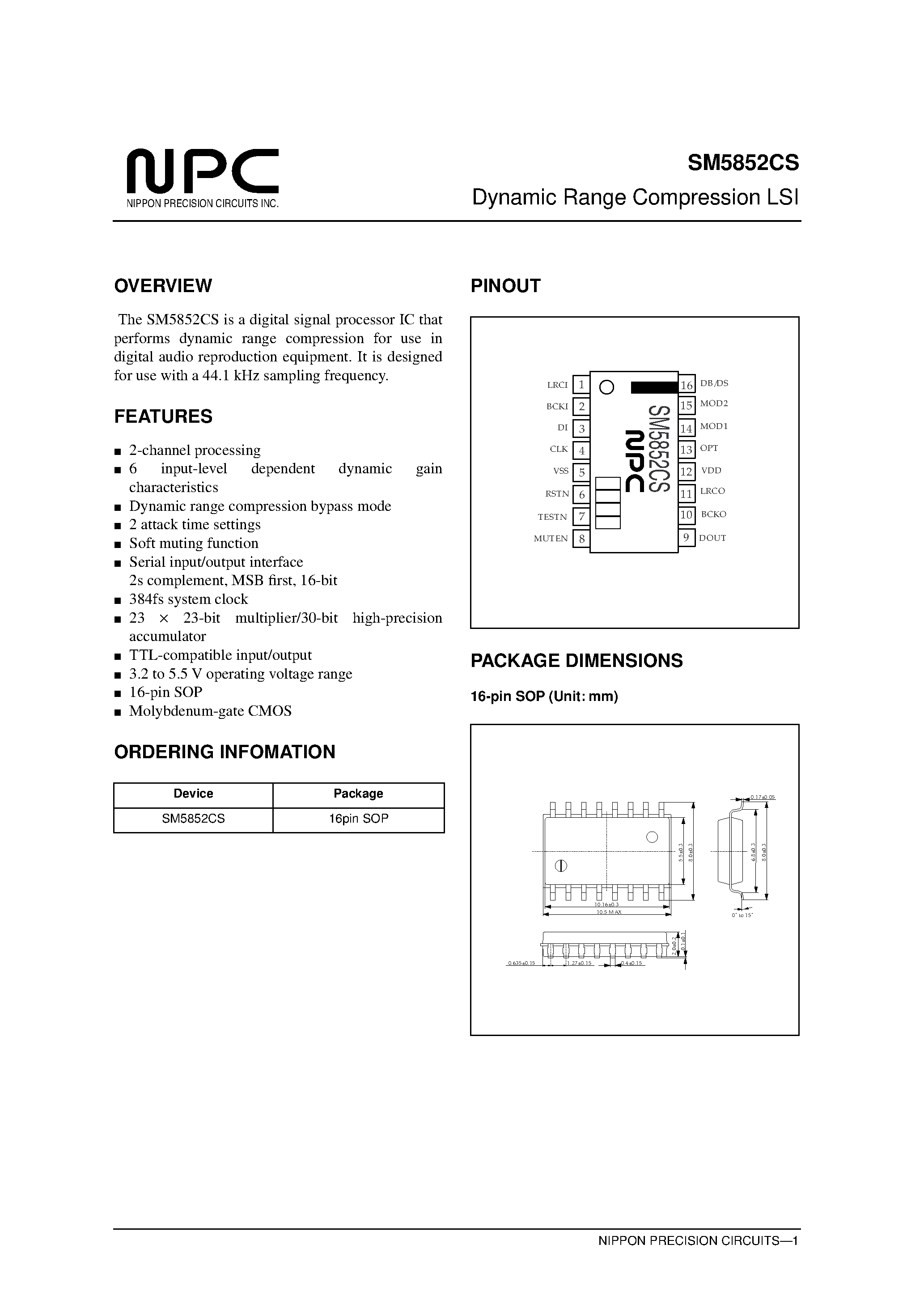 Даташит SM5852CS - Dynamic Range Compression LSI страница 1