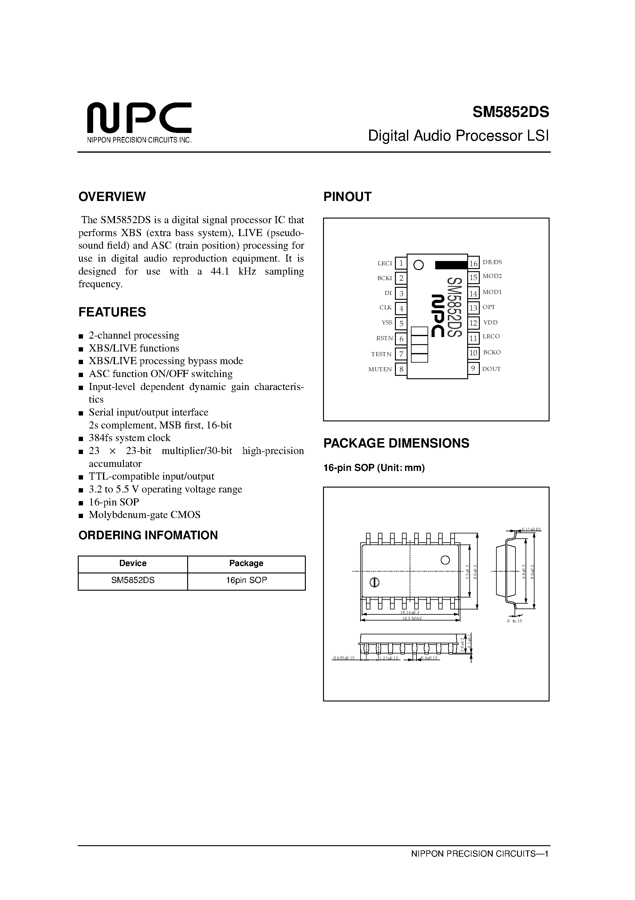 Даташит SM5852DS - Digital Audio Processor LSI страница 1