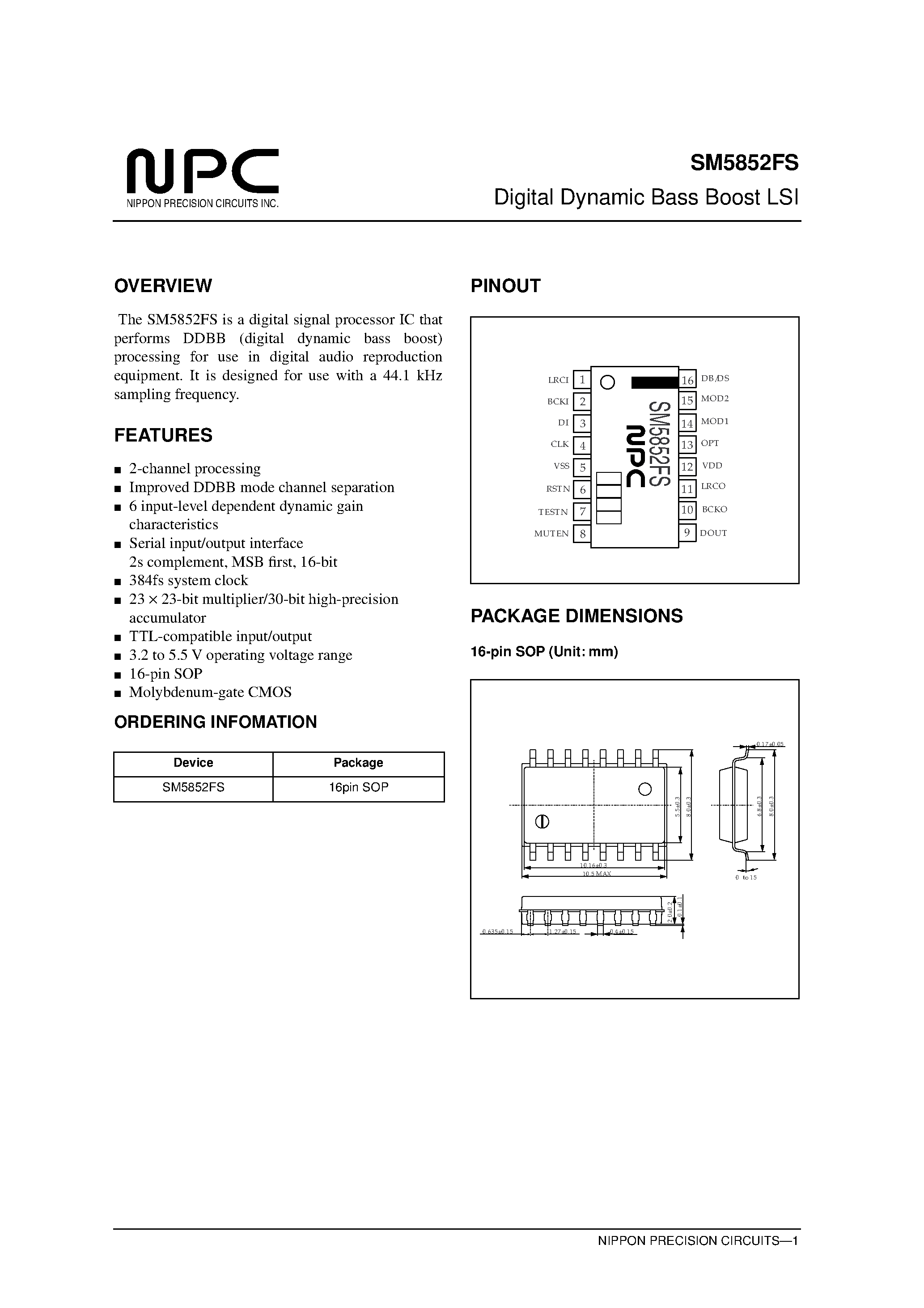 Даташит SM5852FS - Digital Dynamic Bass Boost LSI страница 1