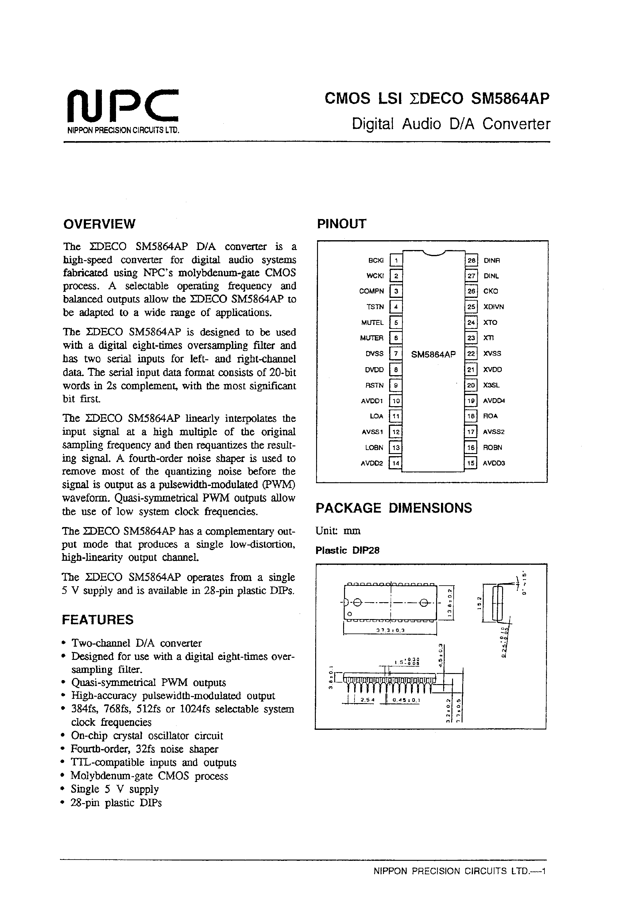 Даташит SM5864AP - Digital Audio D/A Converter страница 1