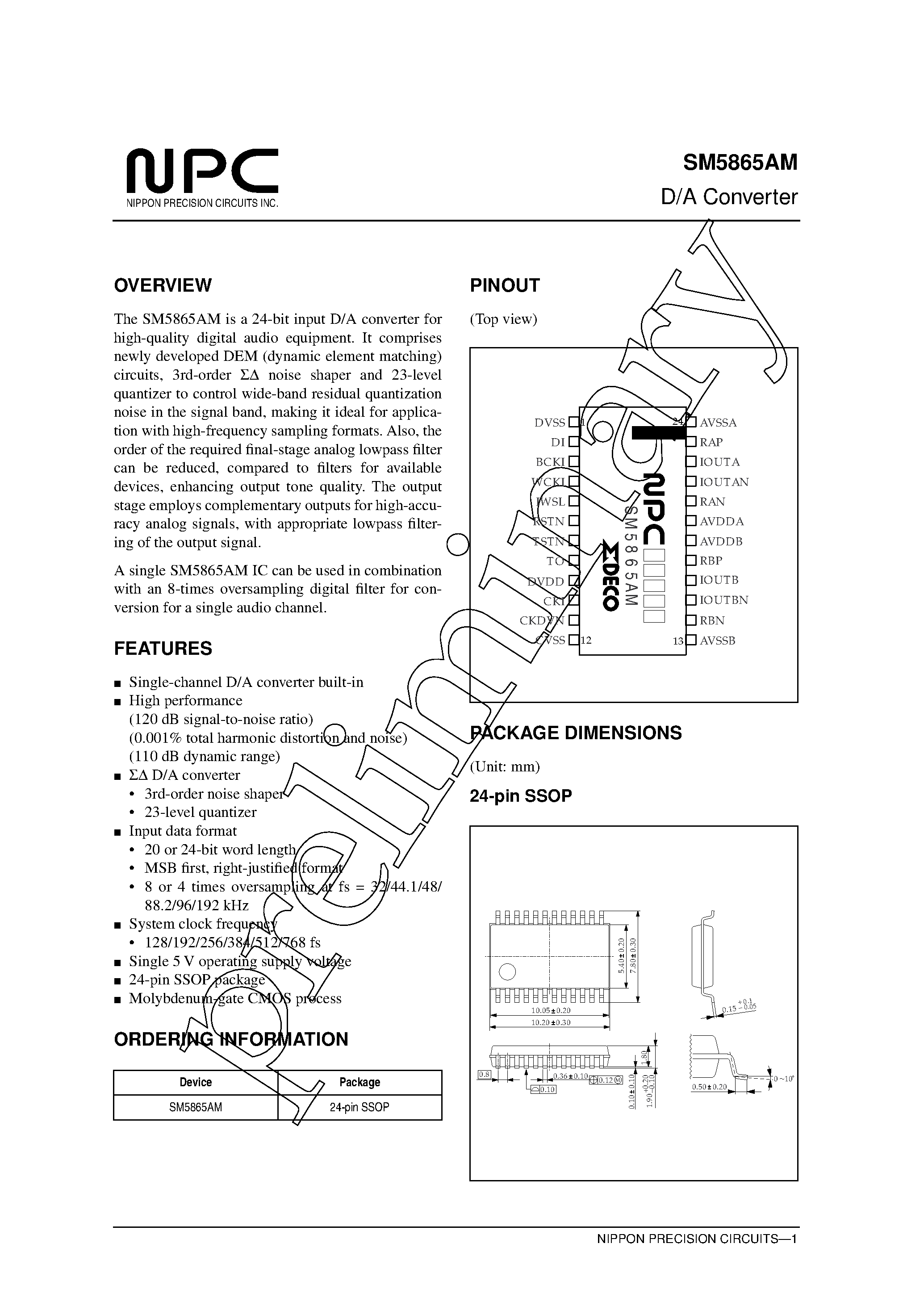 Даташит SM5865AM - D/A Converter страница 1