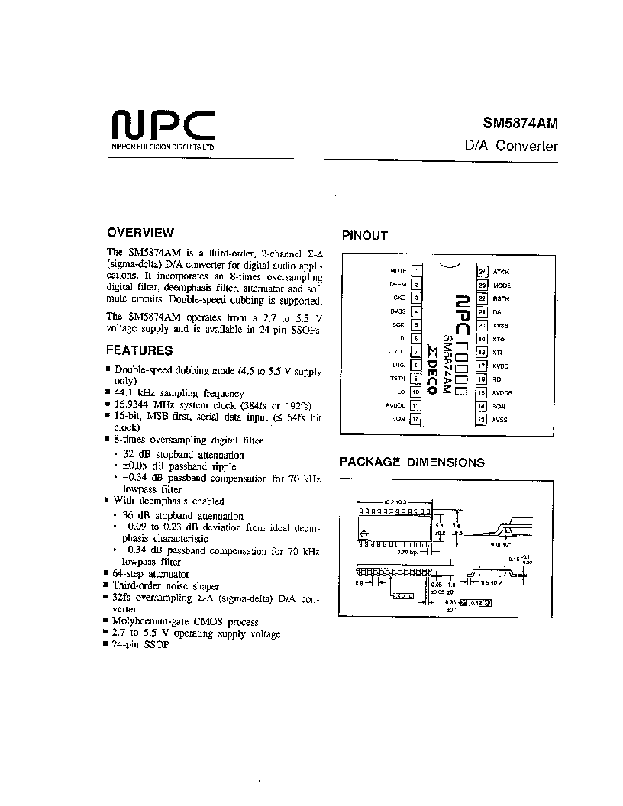 Даташит SM5874AM - D/A Converter страница 1