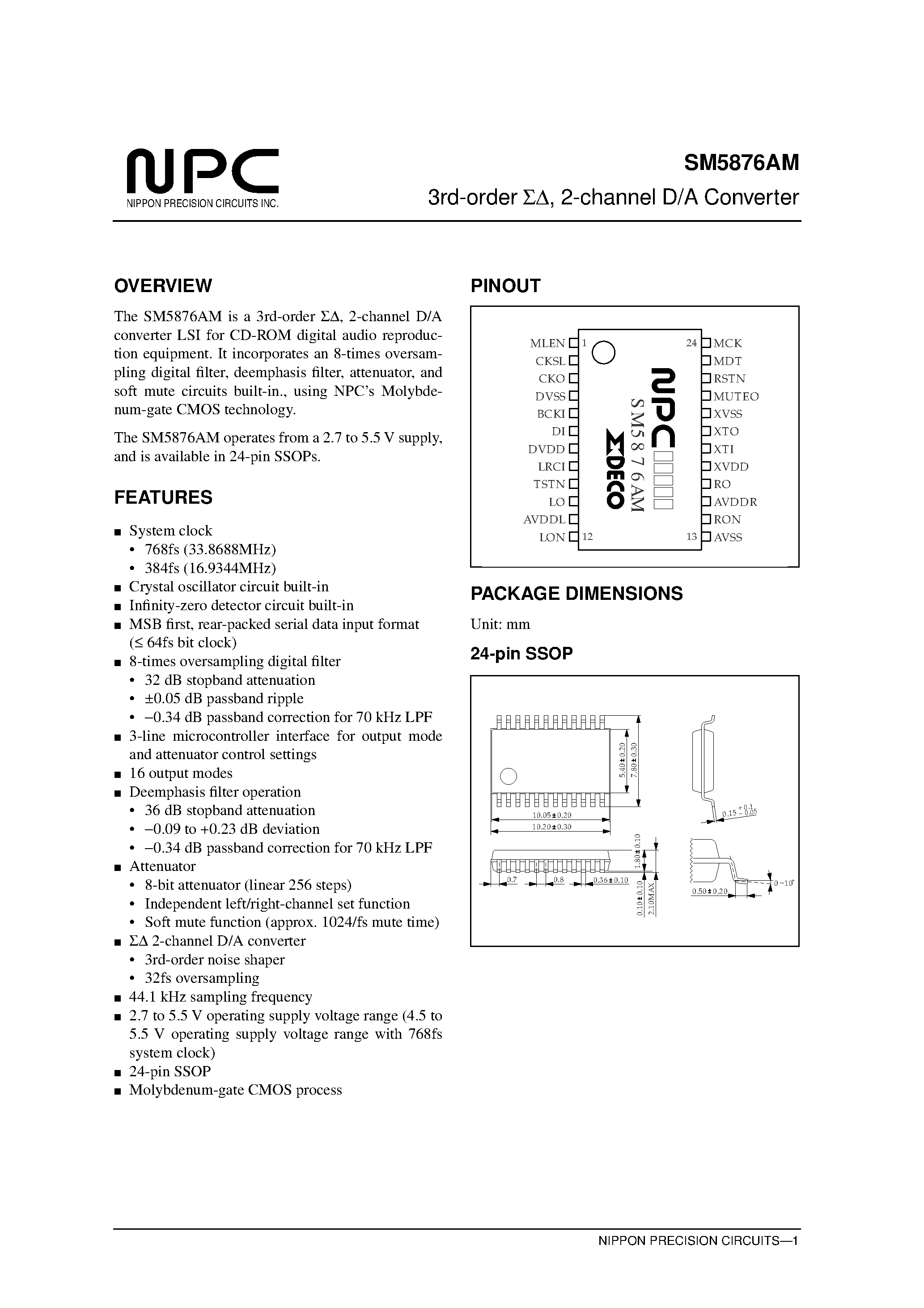 Даташит SM5876 - 3rd-order/ 2-channel D/A Converter страница 1