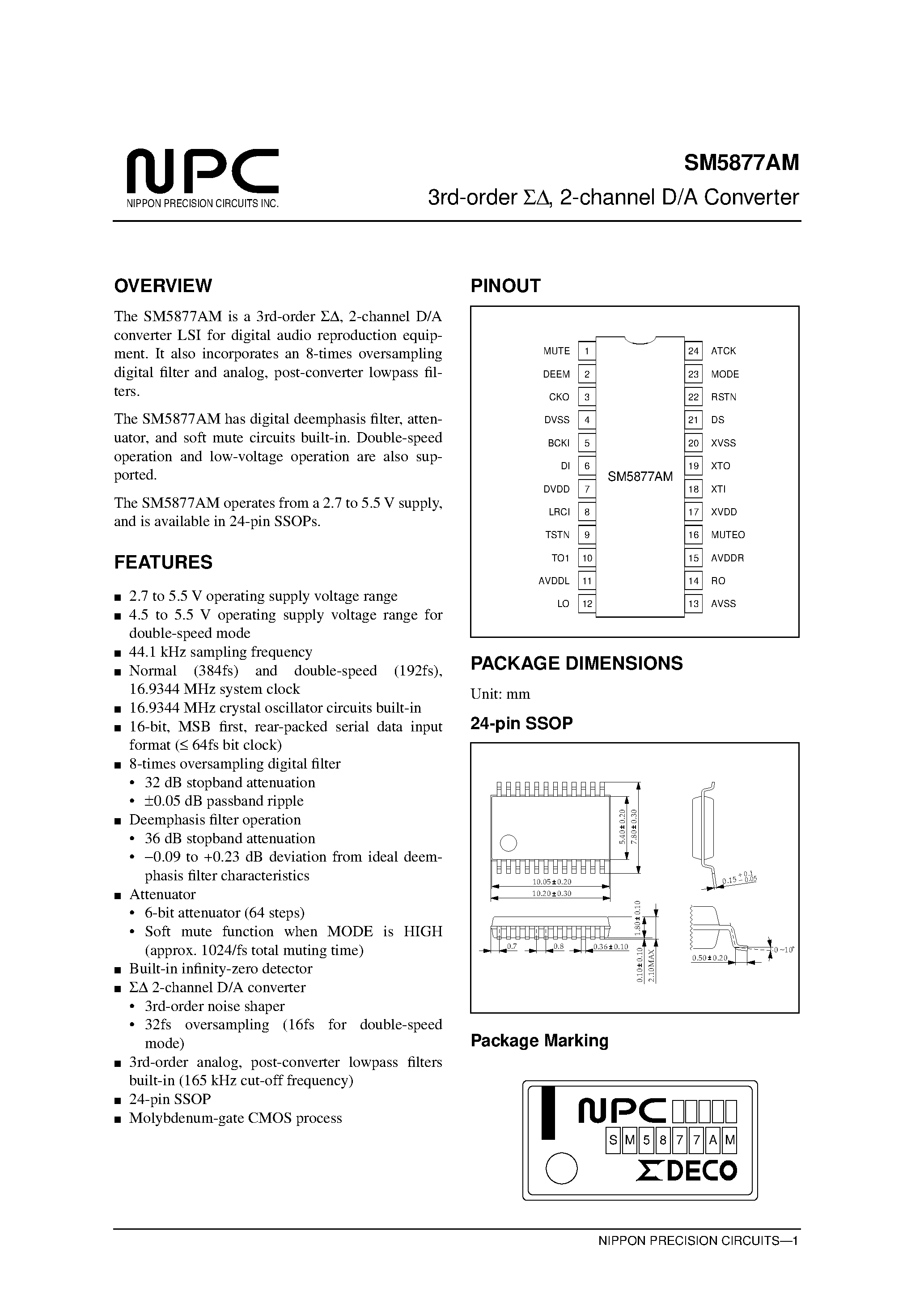 Даташит SM5877 - 3rd-order / 2-channel D/A Converter страница 1