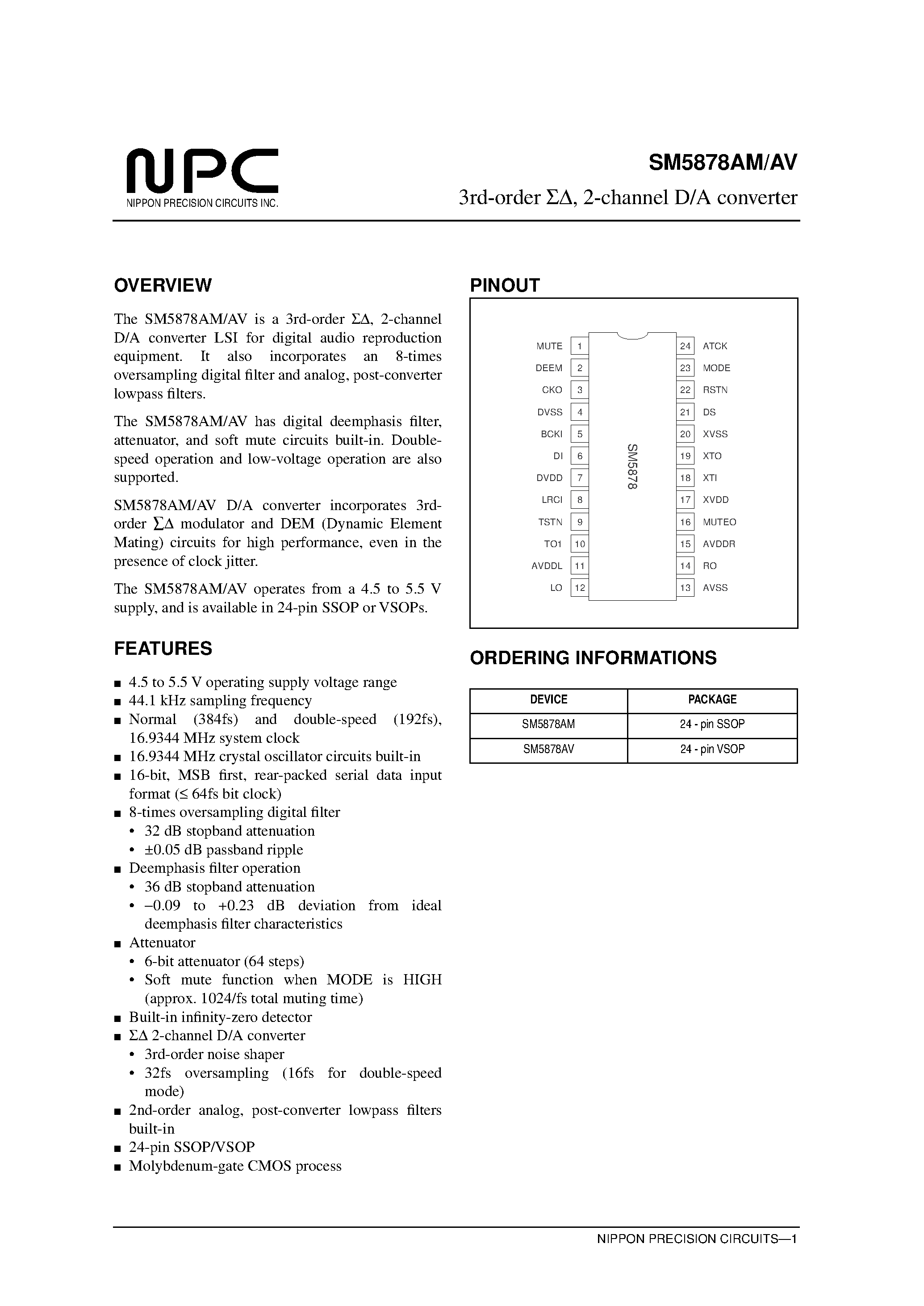 Даташит SM5878 - 3rd-order / 2-channel D/A converter страница 1