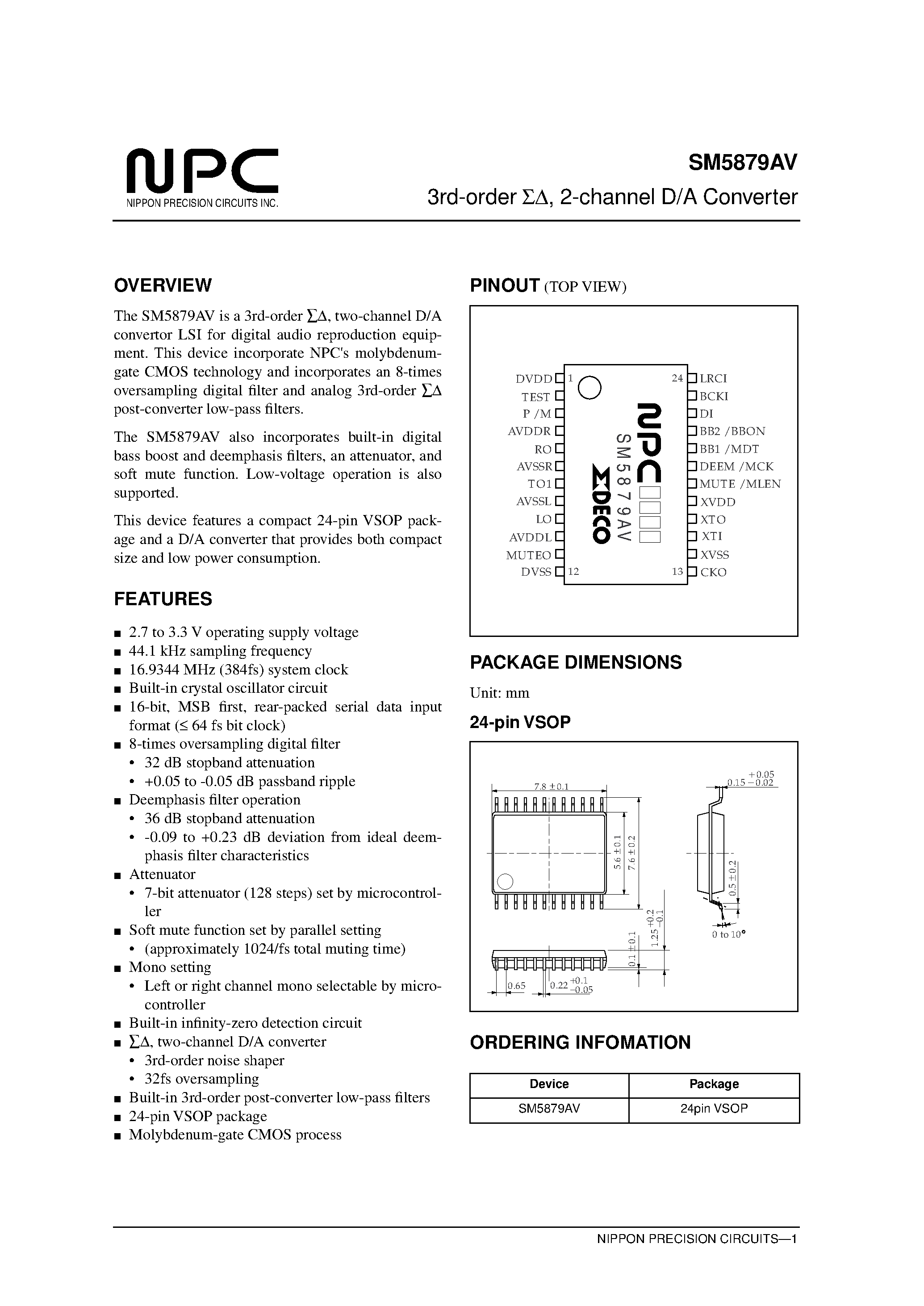 Даташит SM5879 - 3rd-order / 2-channel D/A Converter страница 1