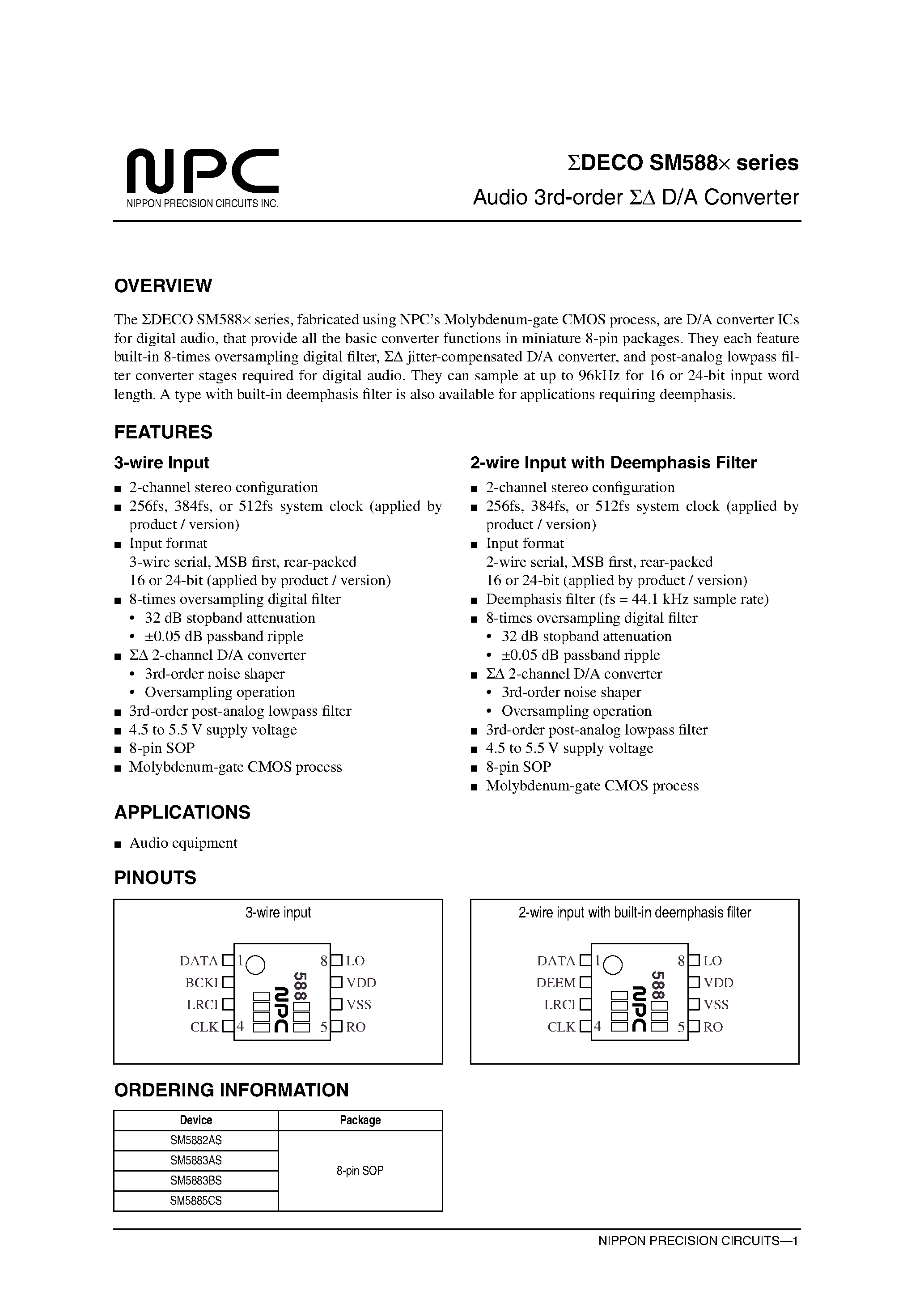 Даташит SM5882AS - Audio 3rd-order D/A Converter страница 1