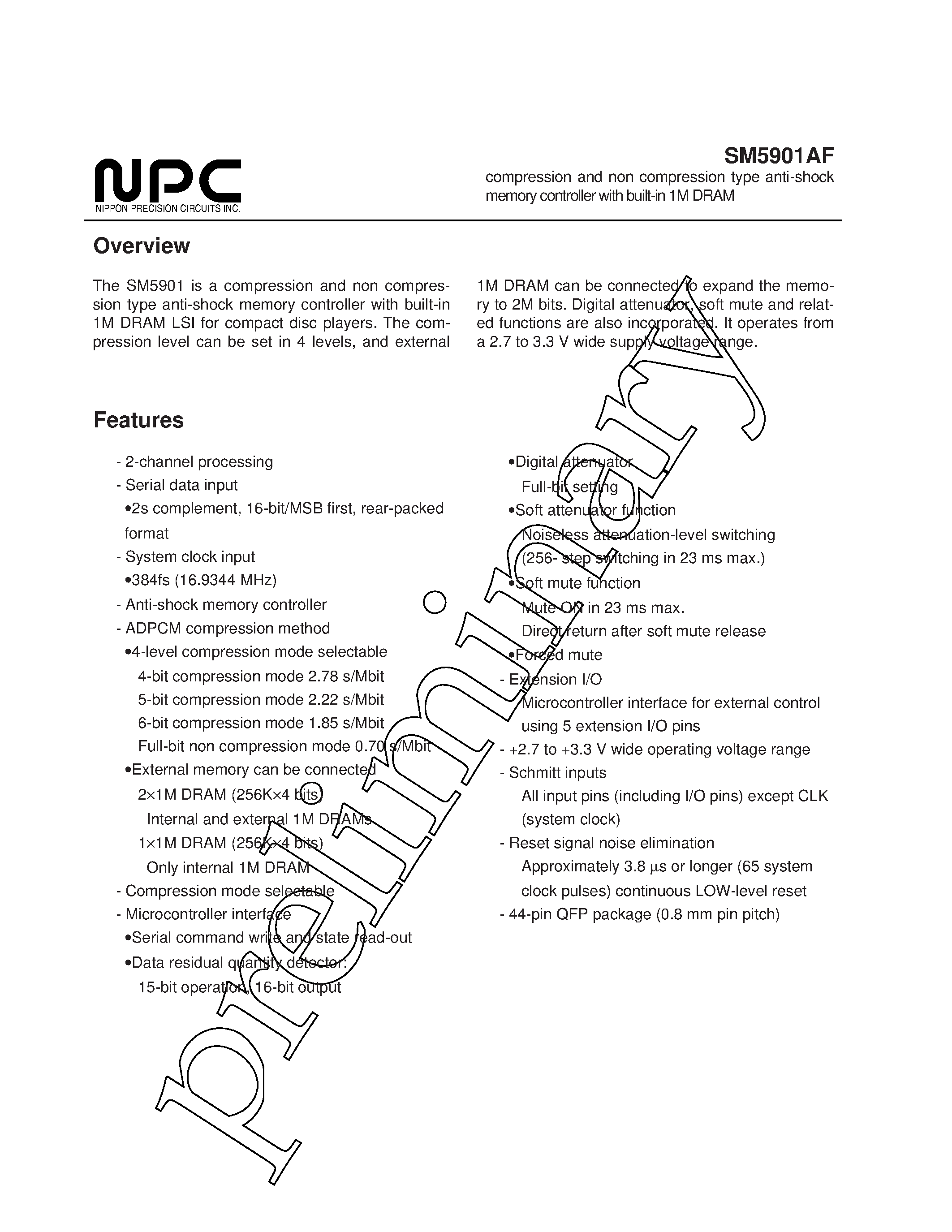 Даташит SM5901AF - compression and non compression type anti-shock memory controller with built-in 1M DRAM страница 1