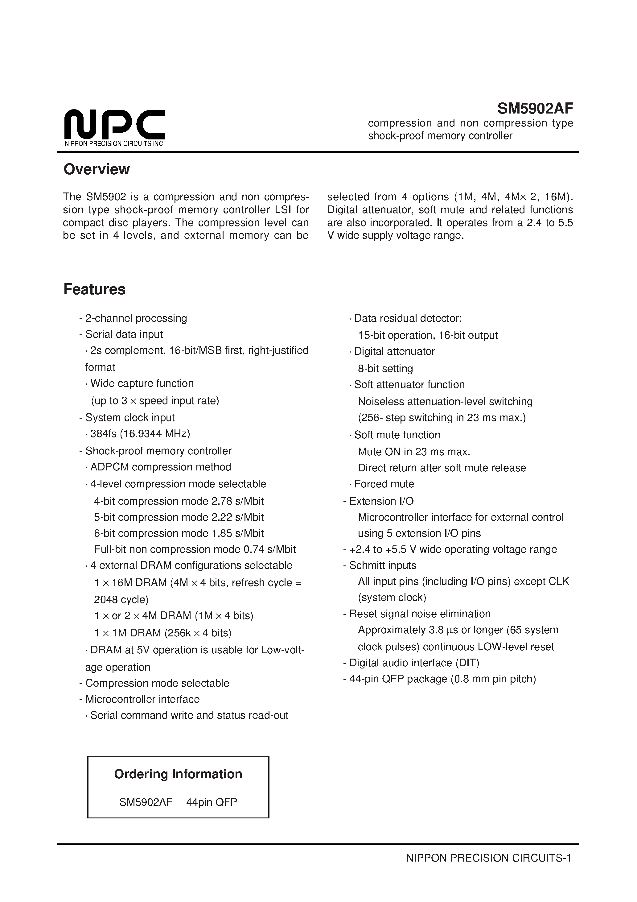 Даташит SM5902 - compression and non compression type shock-proof memory controller страница 1