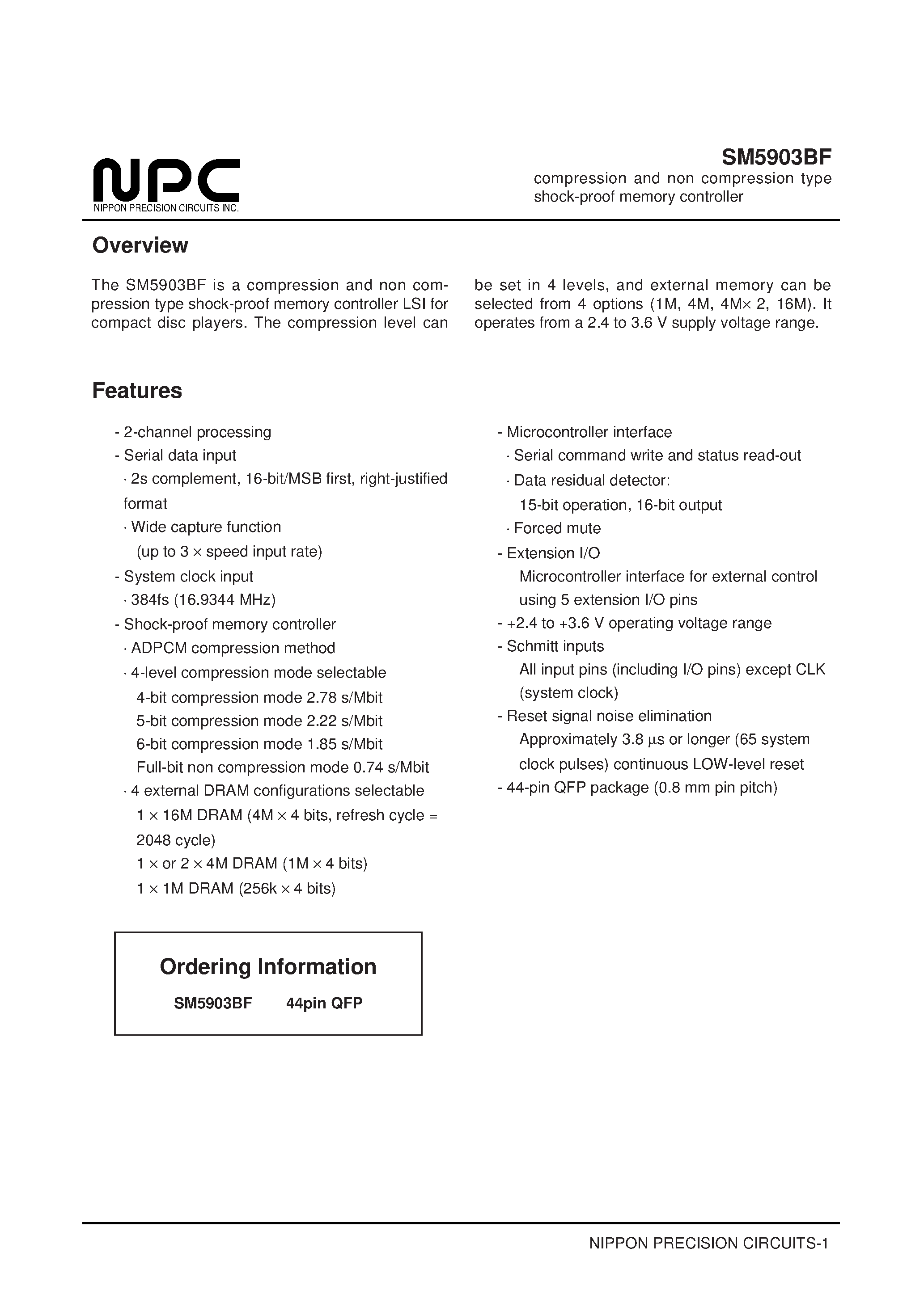 Даташит SM5903BF - compression and non compression type shock-proof memory controller страница 1