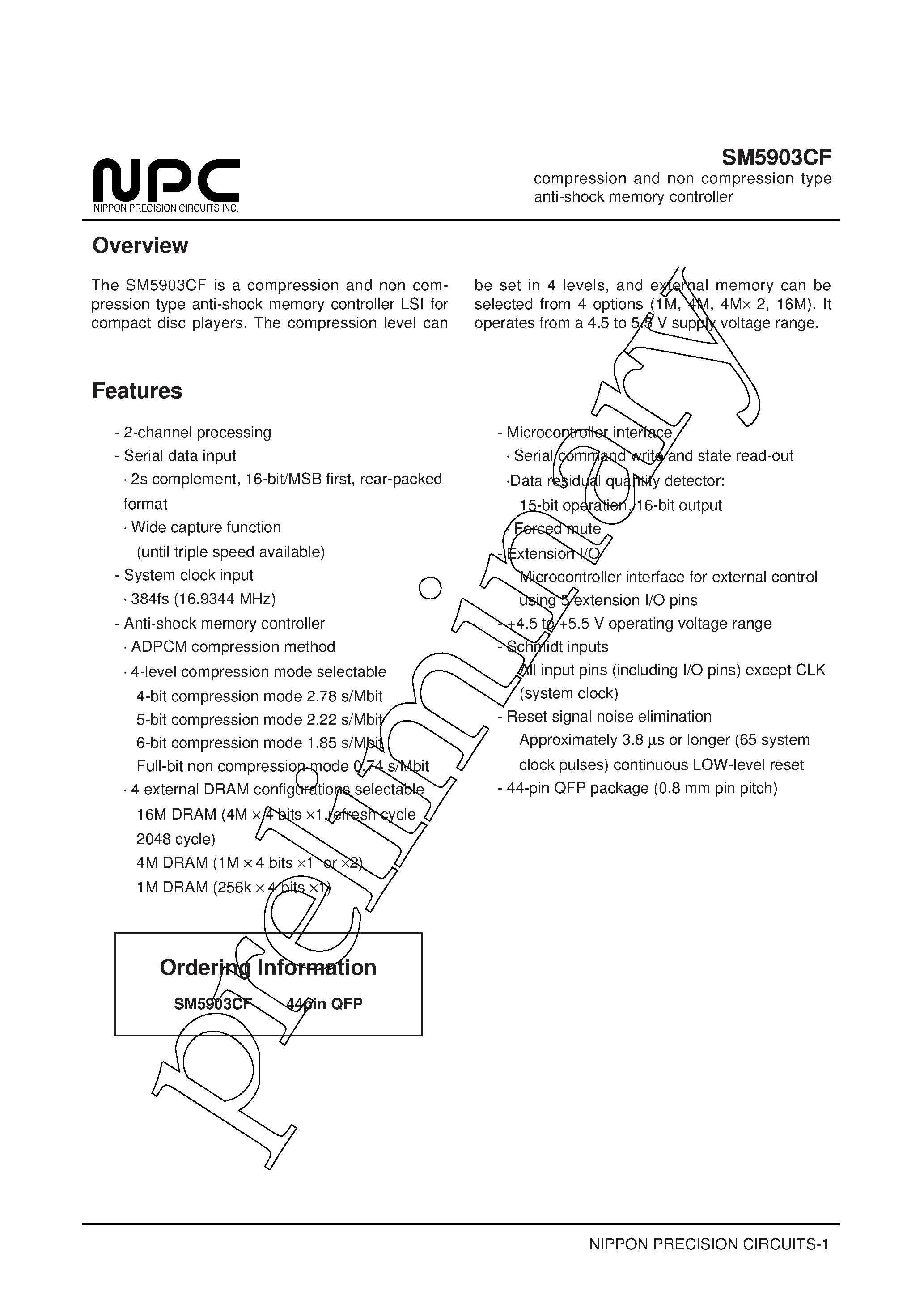 Даташит SM5903CF - compression and non compression type anti-shock memory controller страница 1