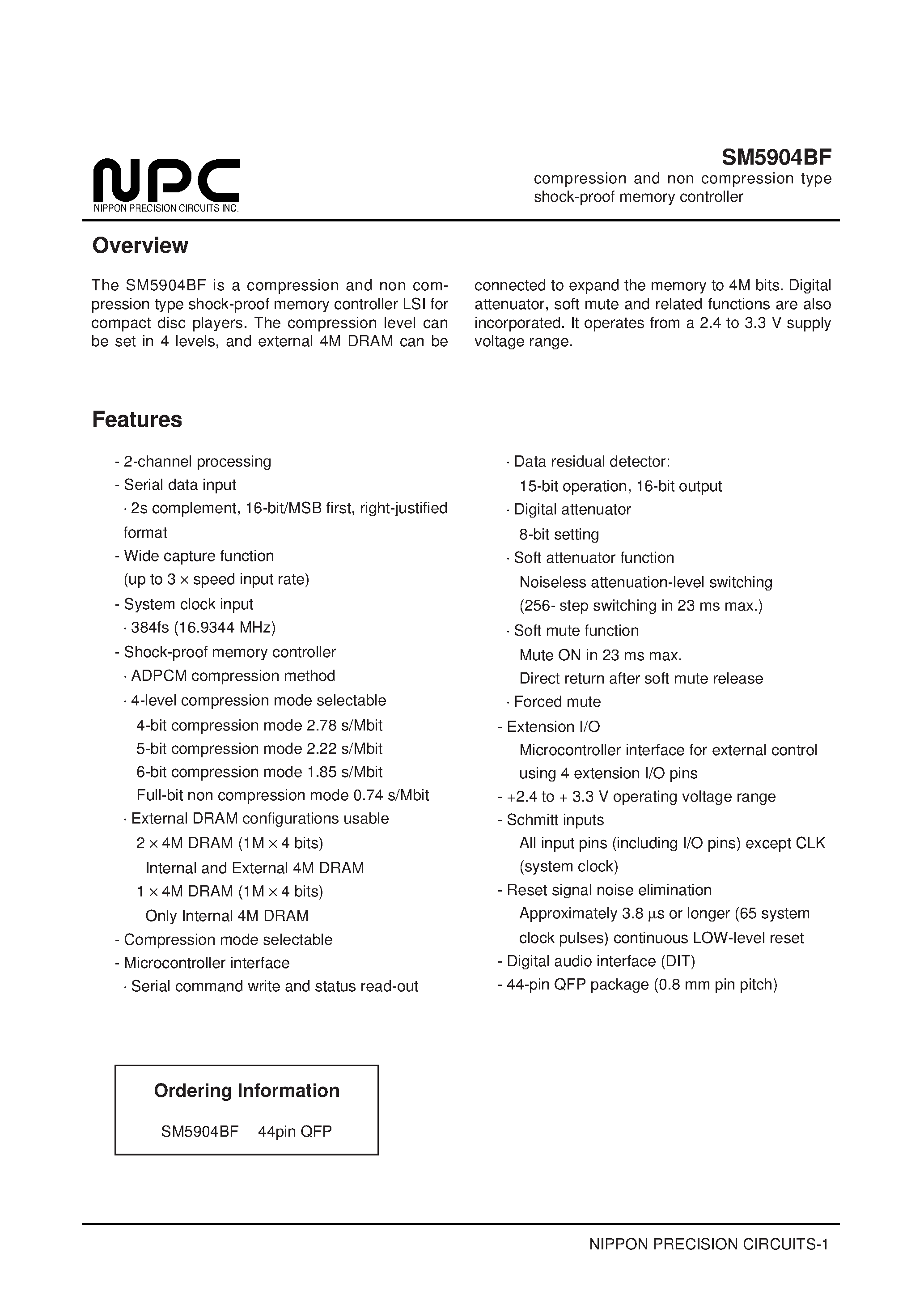 Даташит SM5904BF - compression and non compression type shock-proof memory controller страница 1