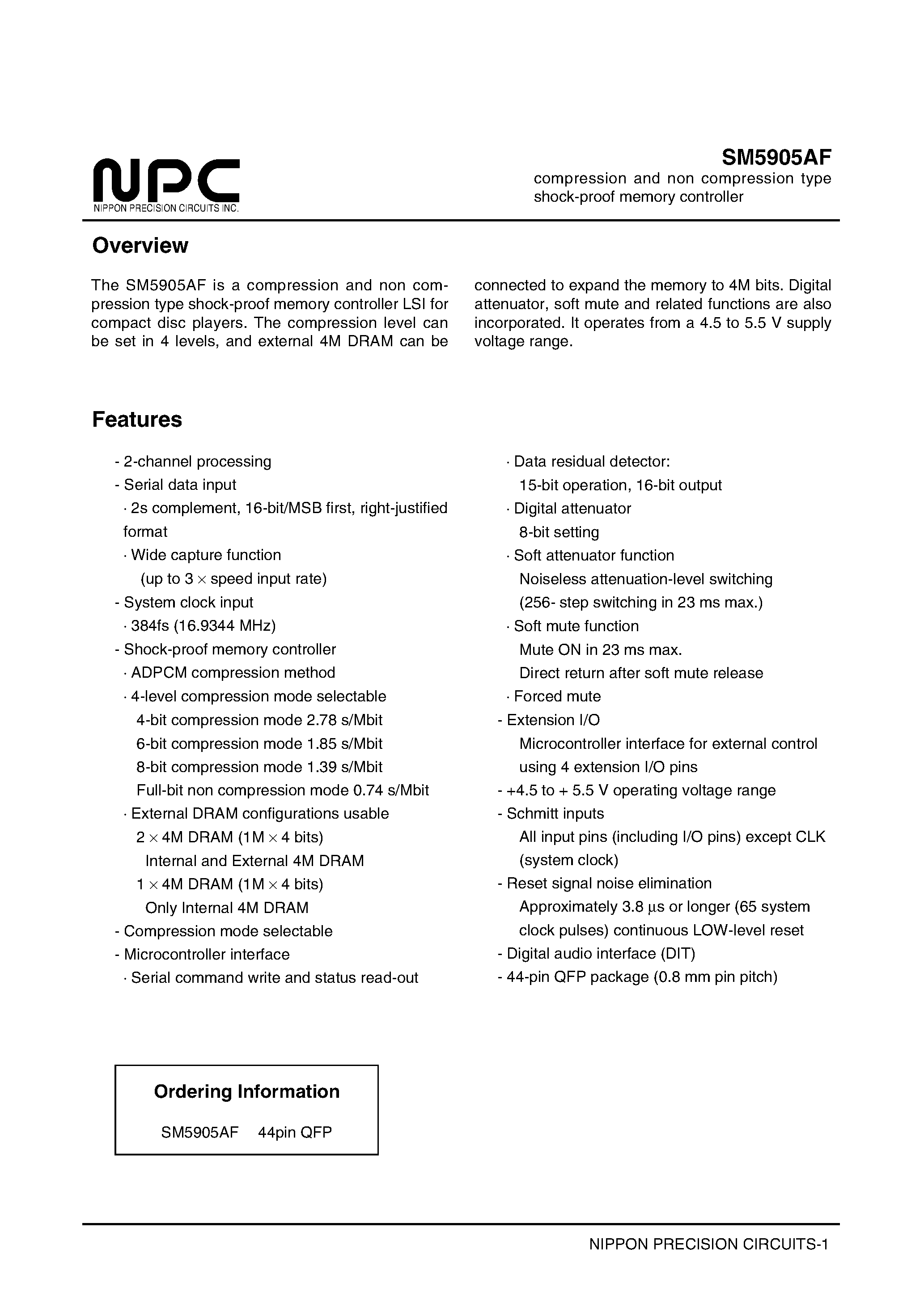 Даташит SM5905AF - compression and non compression type shock-proof memory controller страница 1