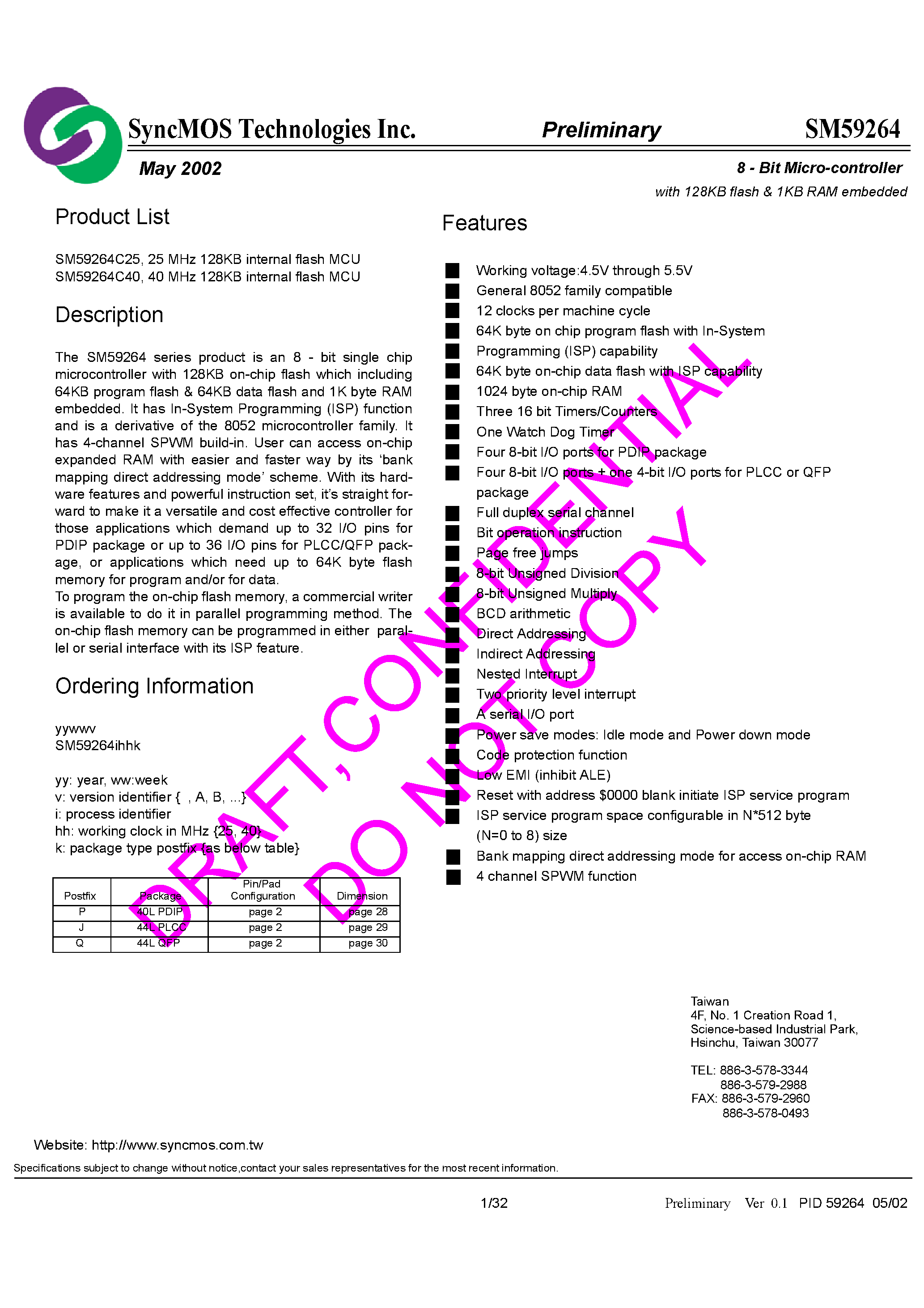 Даташит SM59264 - 8 - Bit Micro-controller страница 1