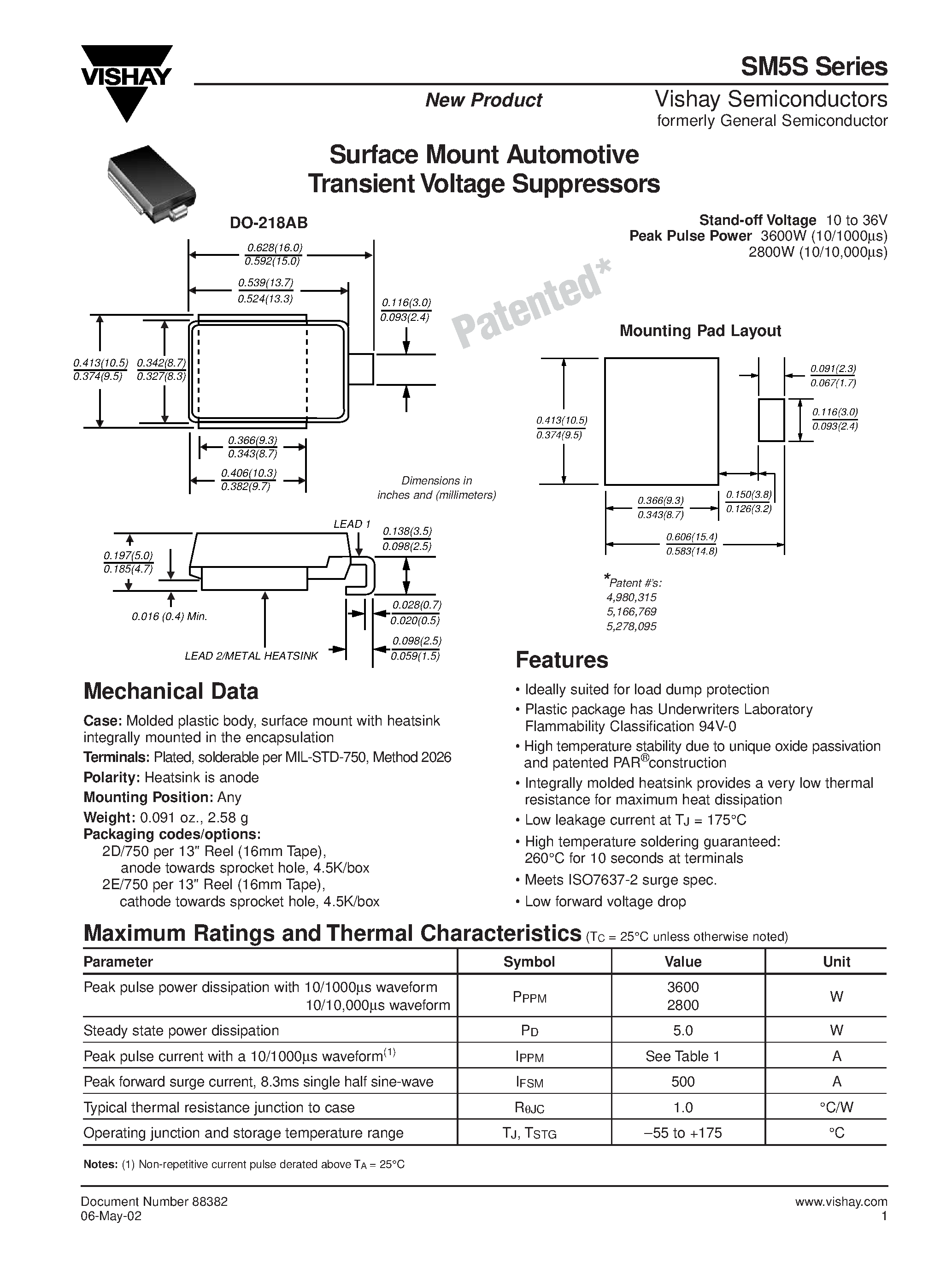 Даташит SM5S10A - Surface Mount Automotive Transient Voltage Suppressors страница 1