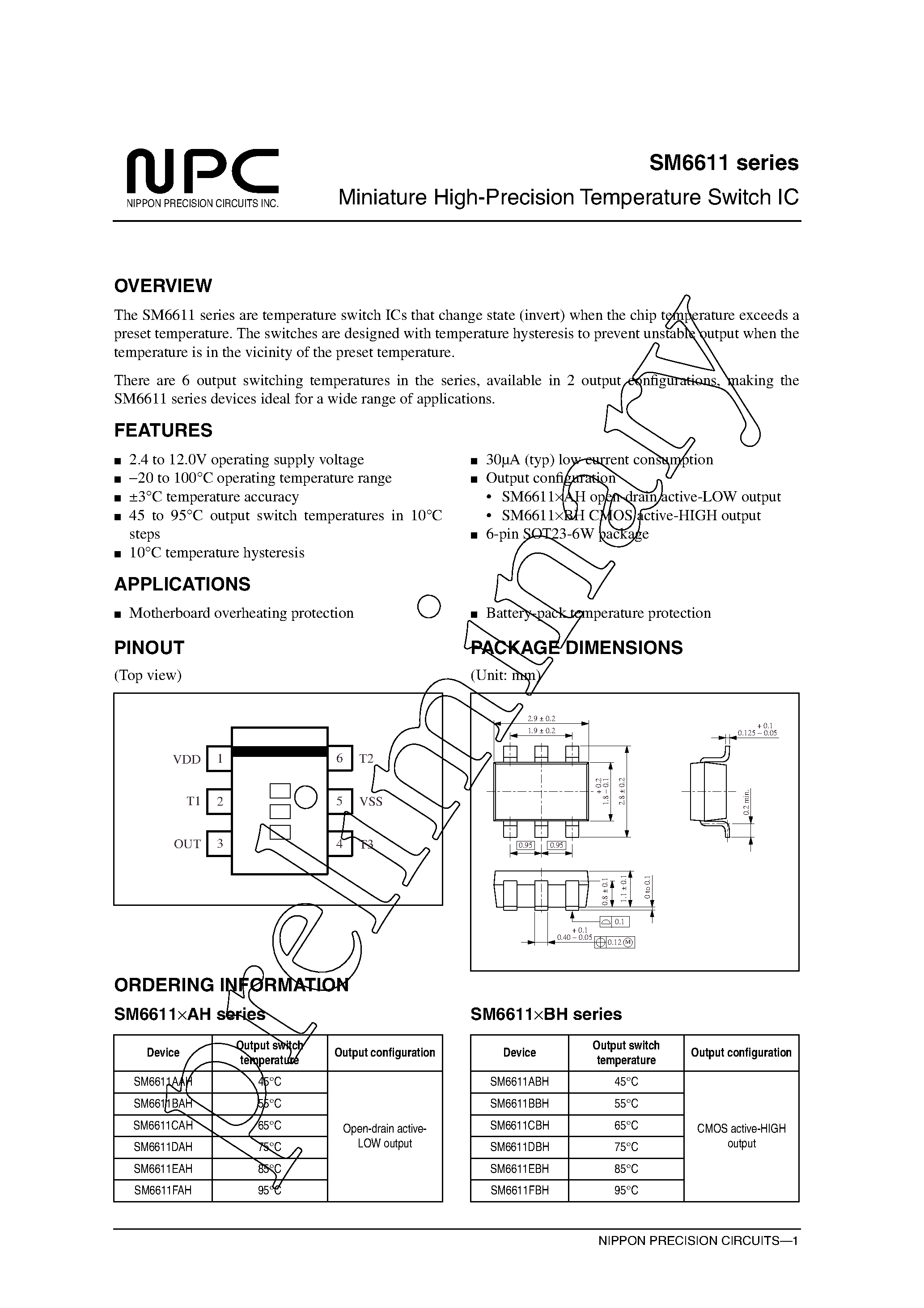 Datasheet SM6611 - Miniature High-Precision Temperature Switch IC page 1