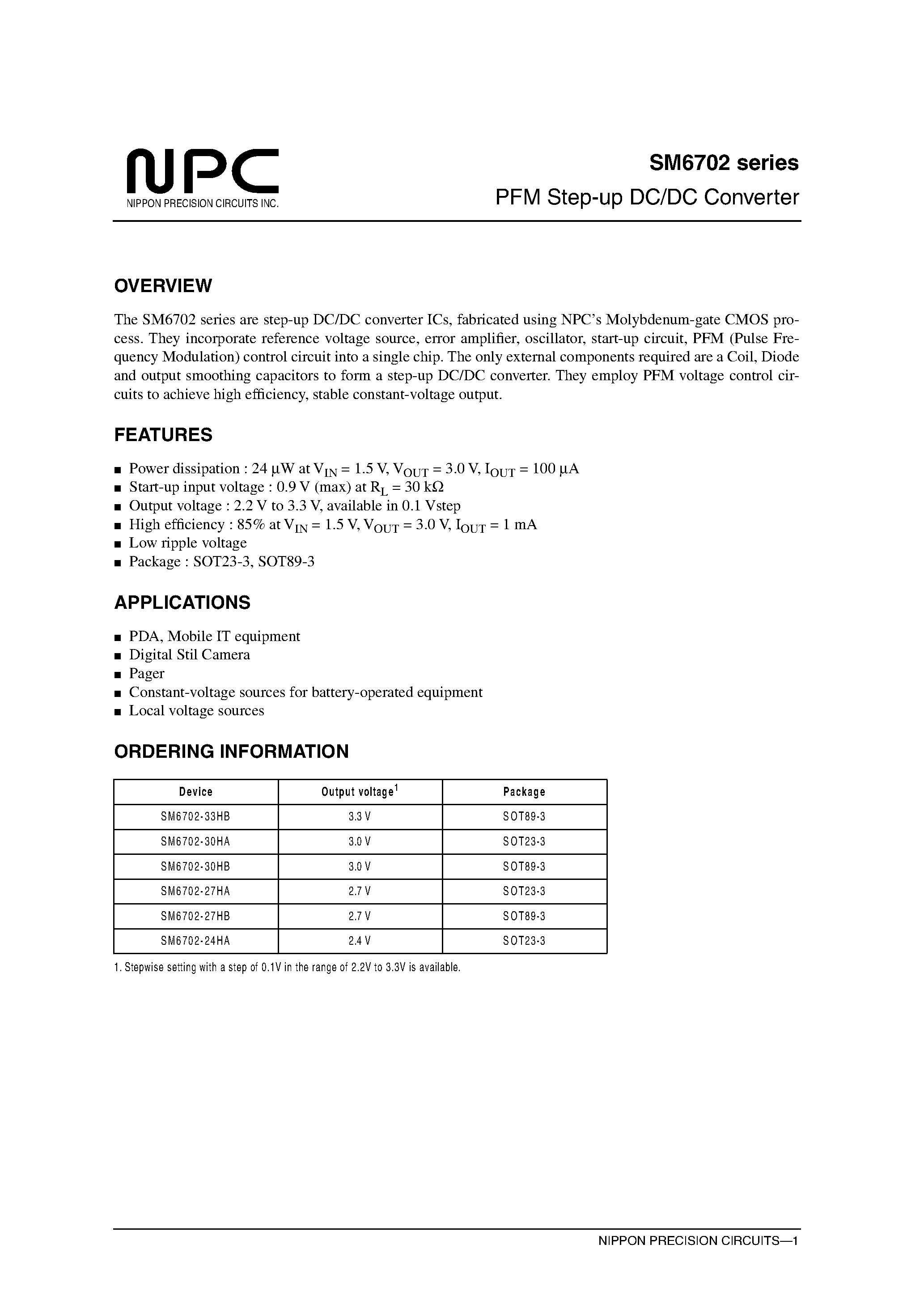 Datasheet SM6702 - PFM Step-up DC/DC Converter page 1