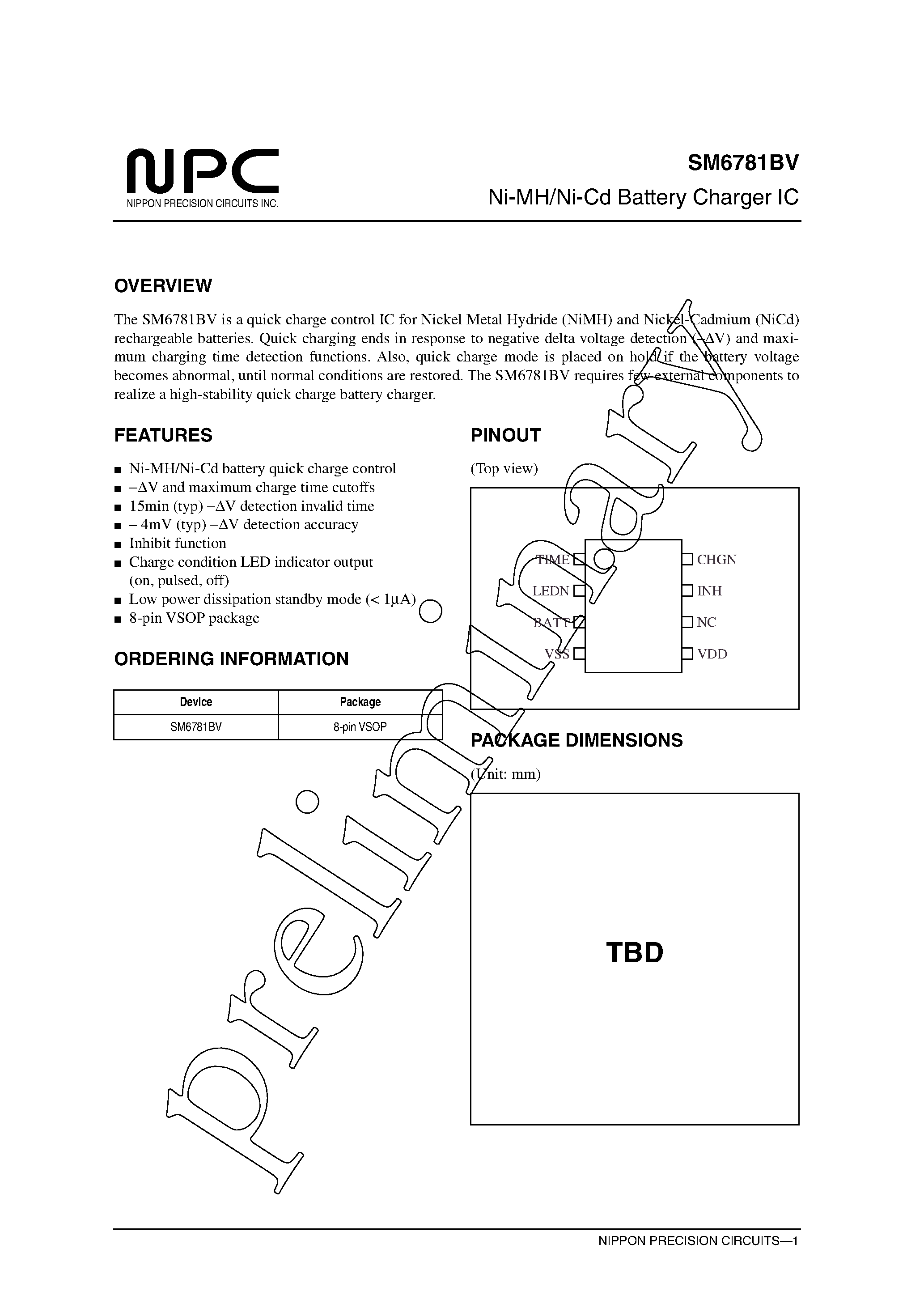 Даташит SM6781BV - Ni-MH/Ni-Cd Battery Charger IC страница 1