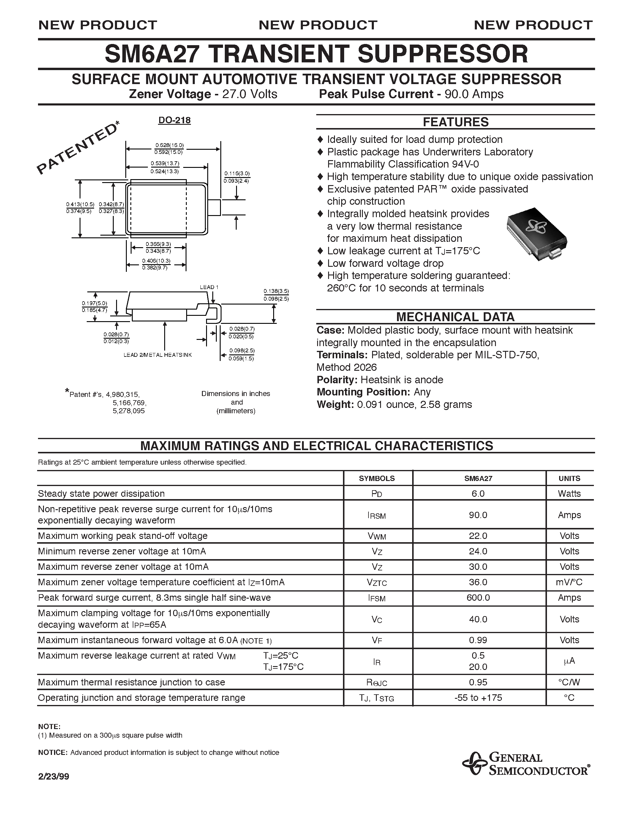 Datasheet SM6A27 - SURFACE MOUNT AUTOMOTIVE TRANSIENT VOLTAGE SUPPRESSOR page 1