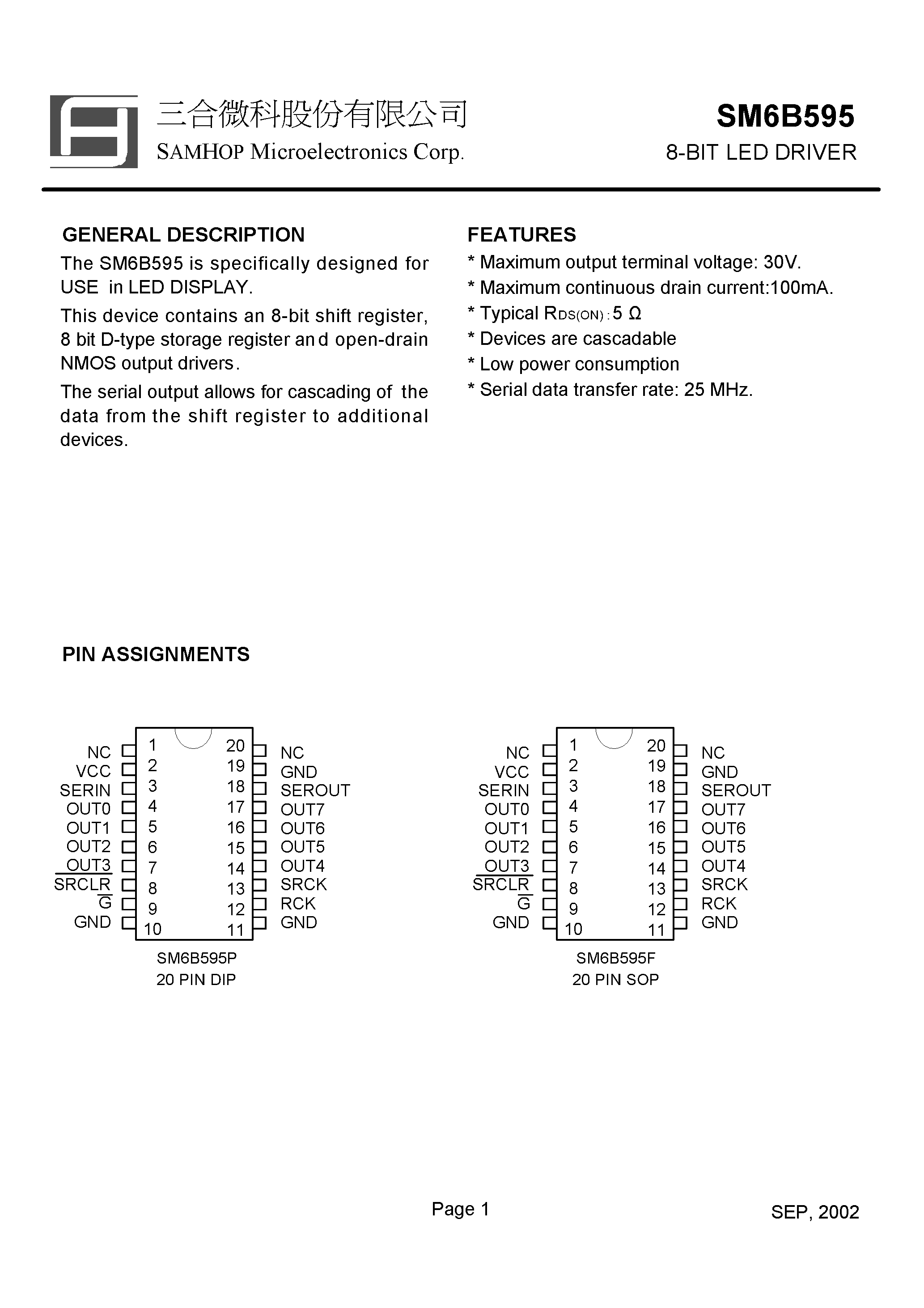 Datasheet SM6B595 - 8-BIT LED DRIVER page 1