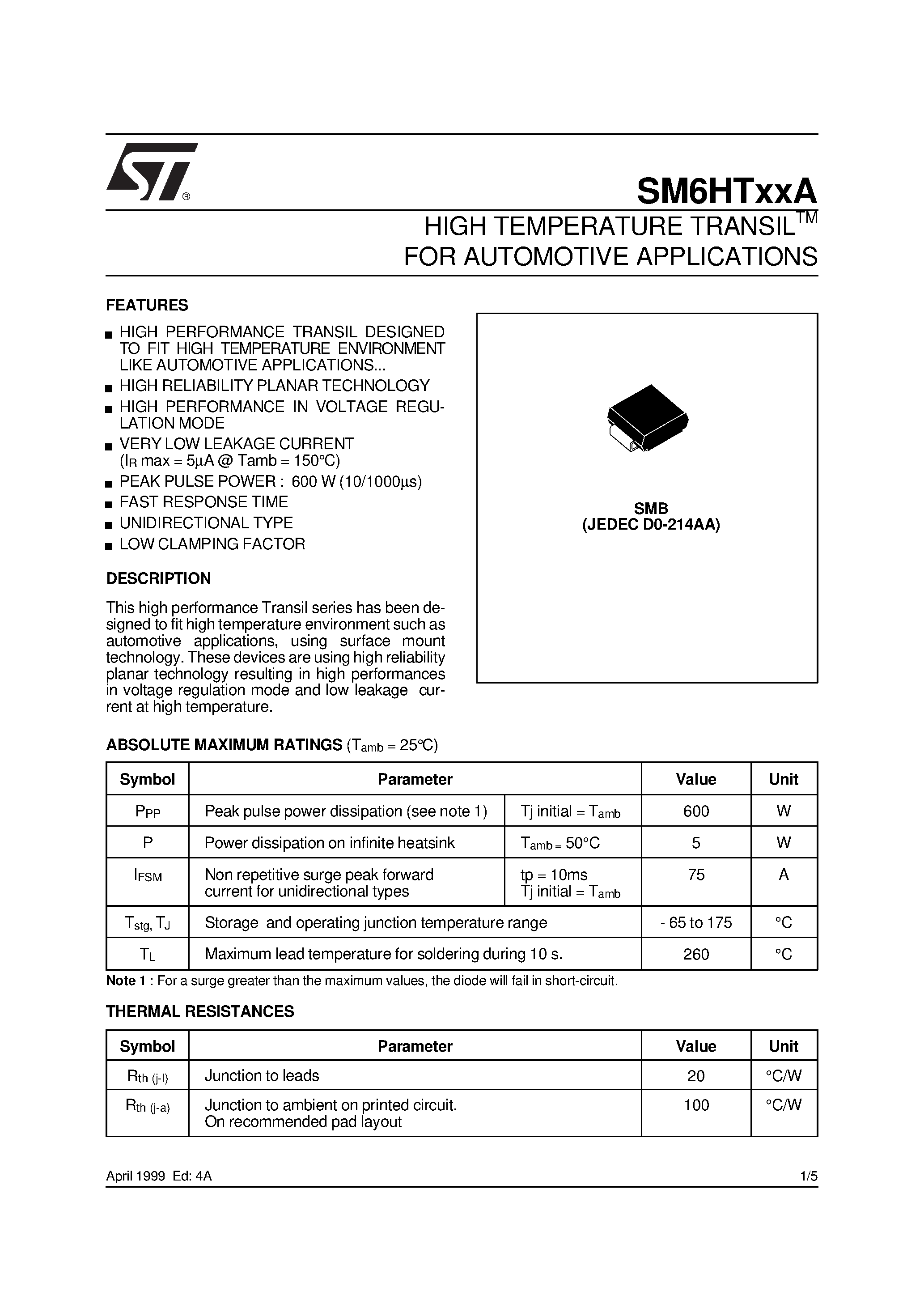 Datasheet SM6HT24A - HIGH TEMPERATURE TRANSILTM FOR AUTOMOTIVE APPLICATIONS page 1