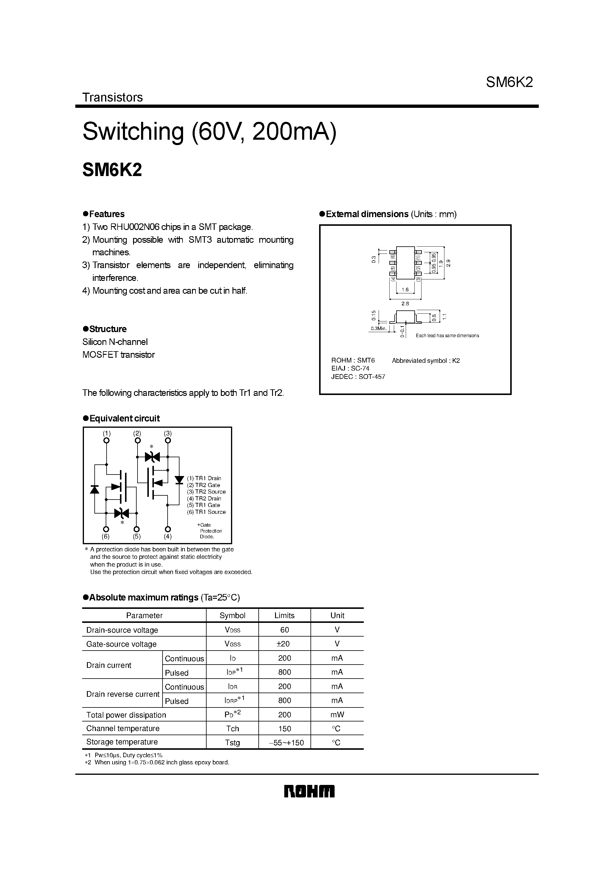 Datasheet SM6K2 - Switching (60V/ 200mA) page 1