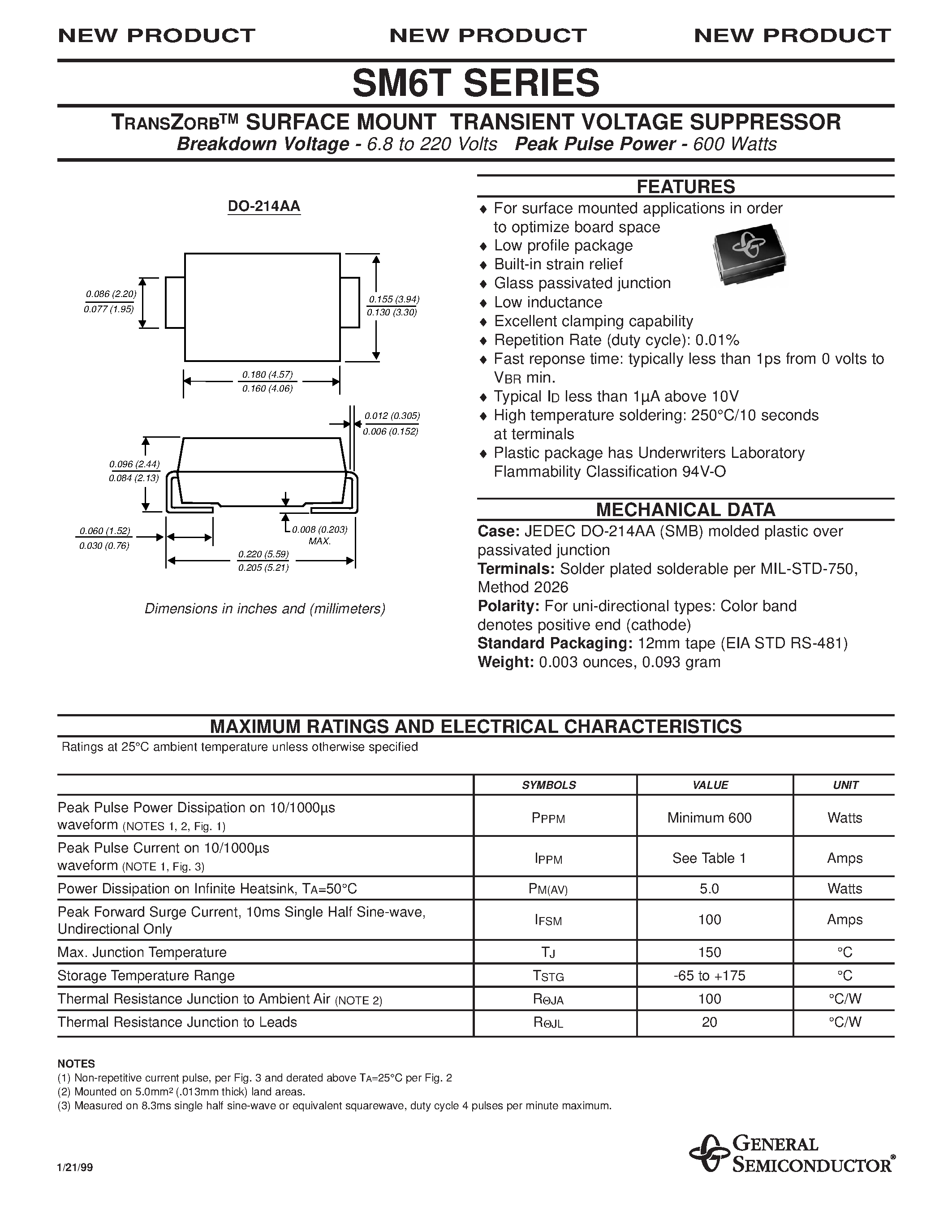 Datasheet SM6T - TRANSZORB SURFACE MOUNT TRANSIENT VOLTAGE SUPPRESSOR page 1