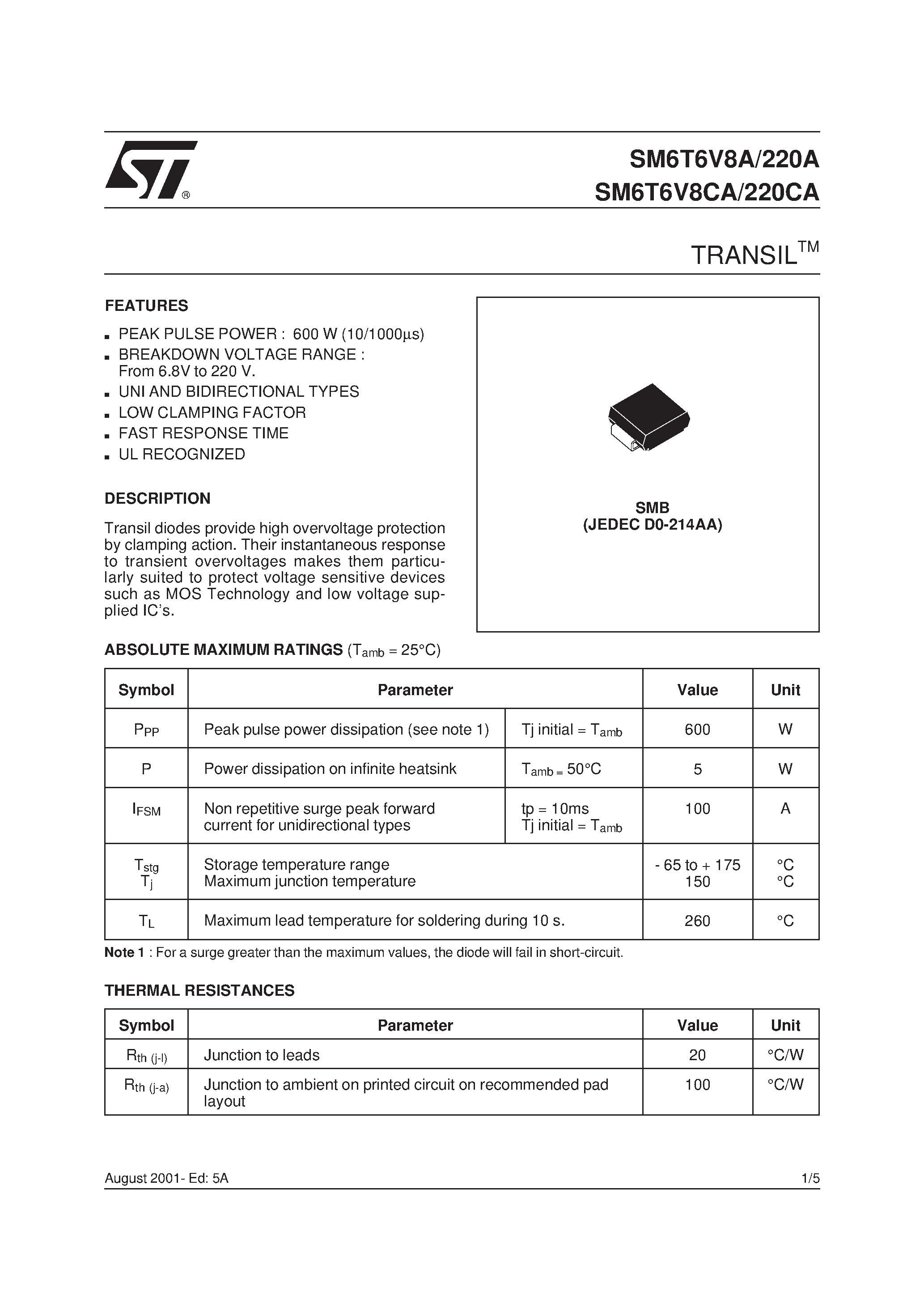 Datasheet SM6T100CA - TRANSILTM page 1