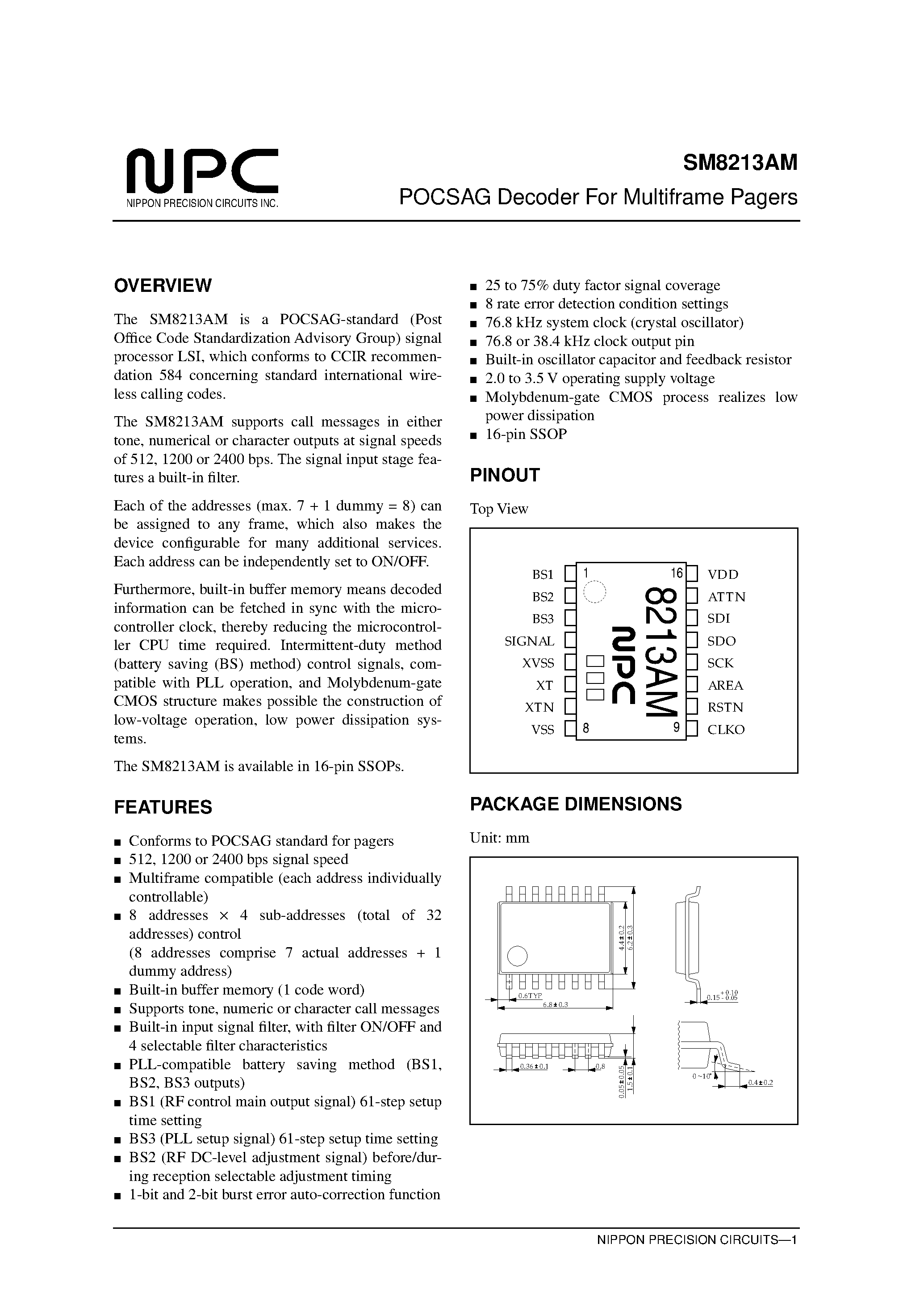 Datasheet SM8213AM - POCSAG Decoder For Multiframe Pagers page 1