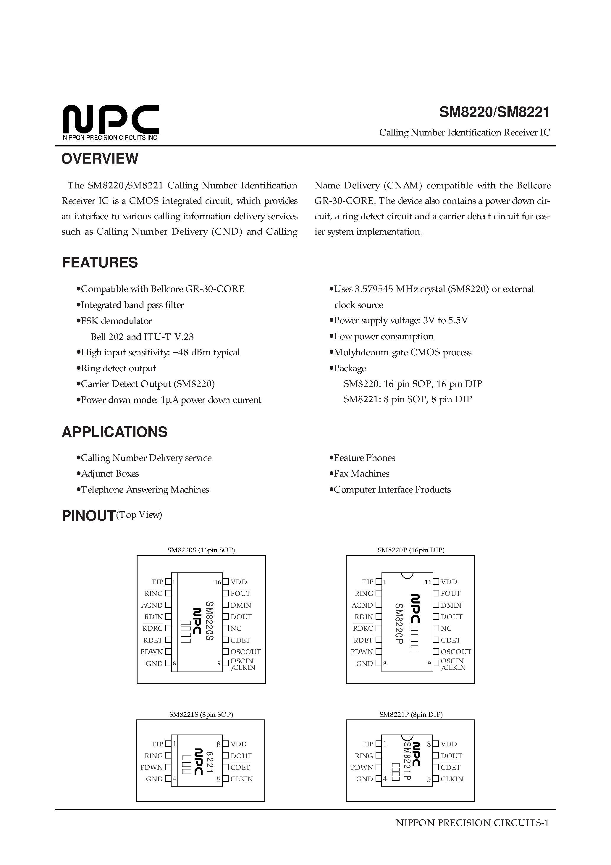 Datasheet SM8220 - Calling Number Identification Receiver IC page 1