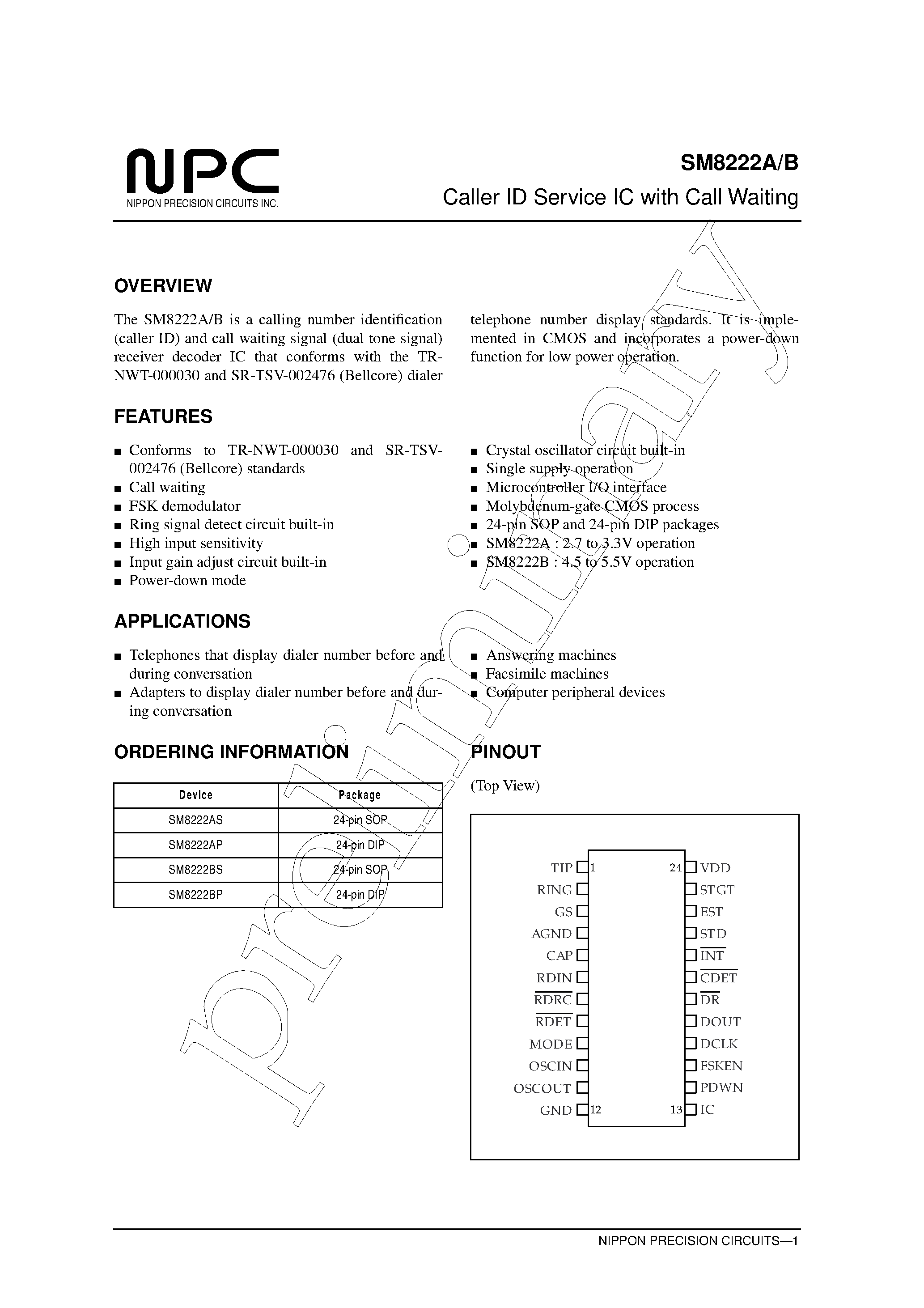 Datasheet SM8222 - Caller ID Service IC with Call Waiting page 1