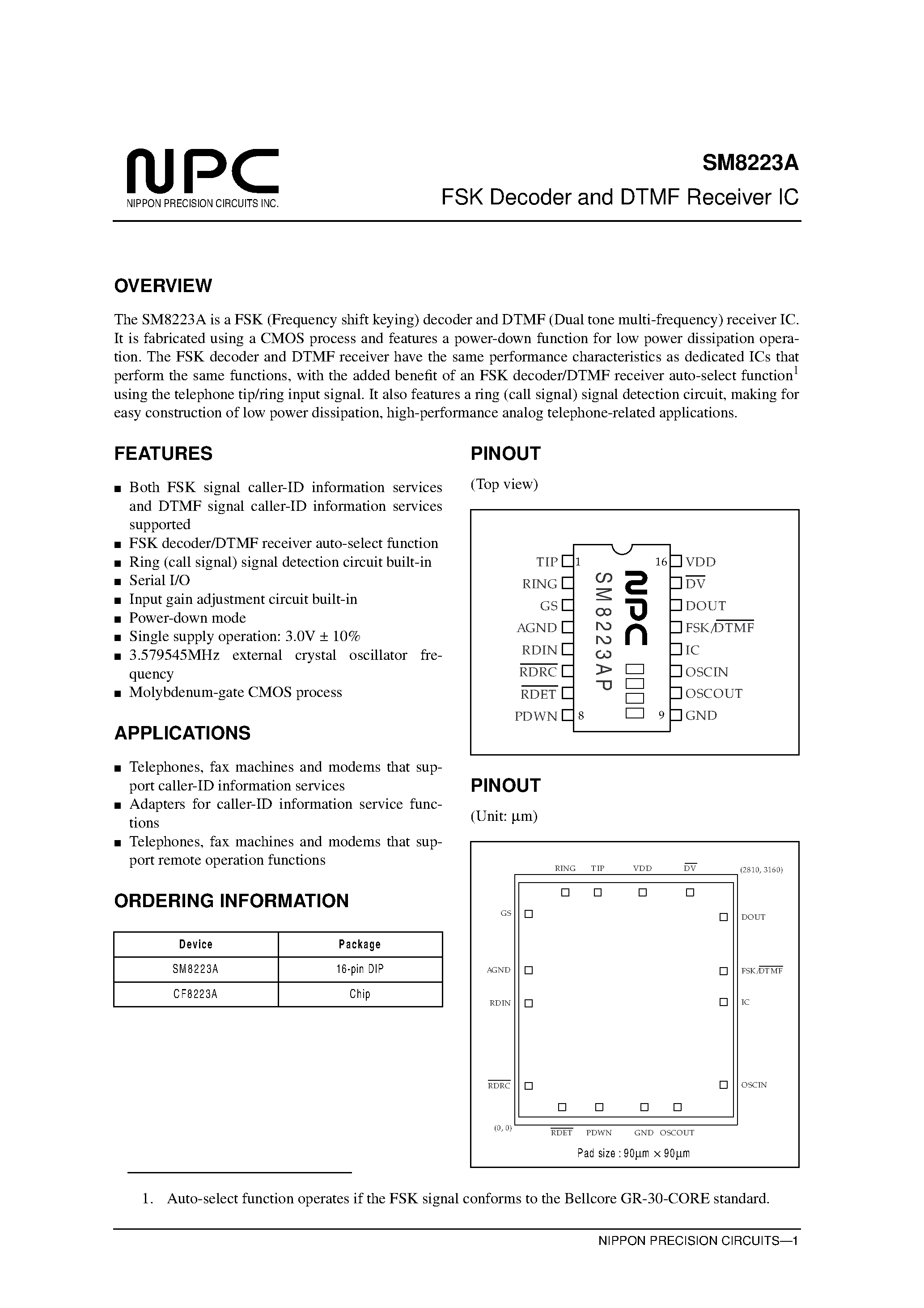 Datasheet SM8223A - FSK Decoder and DTMF Receiver IC page 1