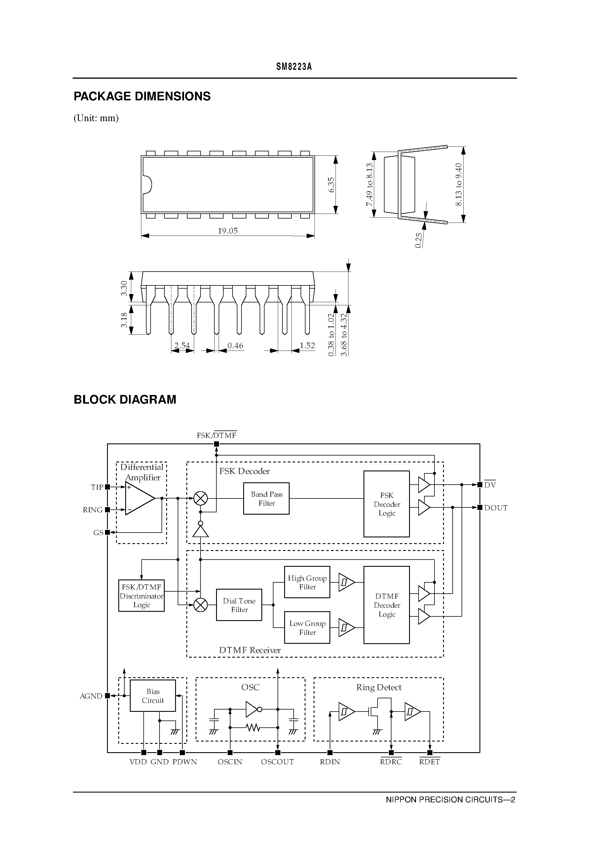 Datasheet SM8223A - FSK Decoder and DTMF Receiver IC page 2