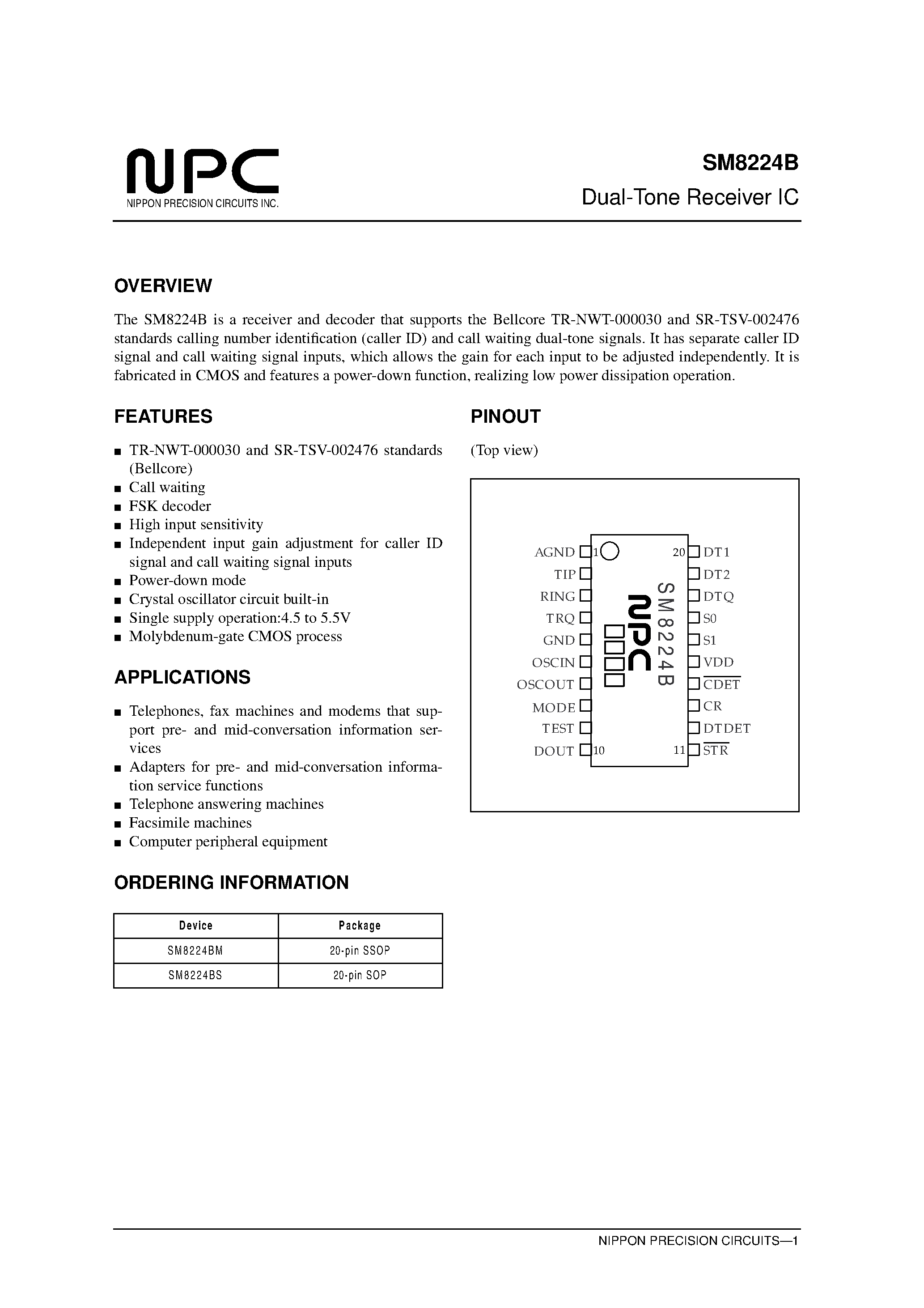 Datasheet SM8224 - Dual-Tone Receiver IC page 1