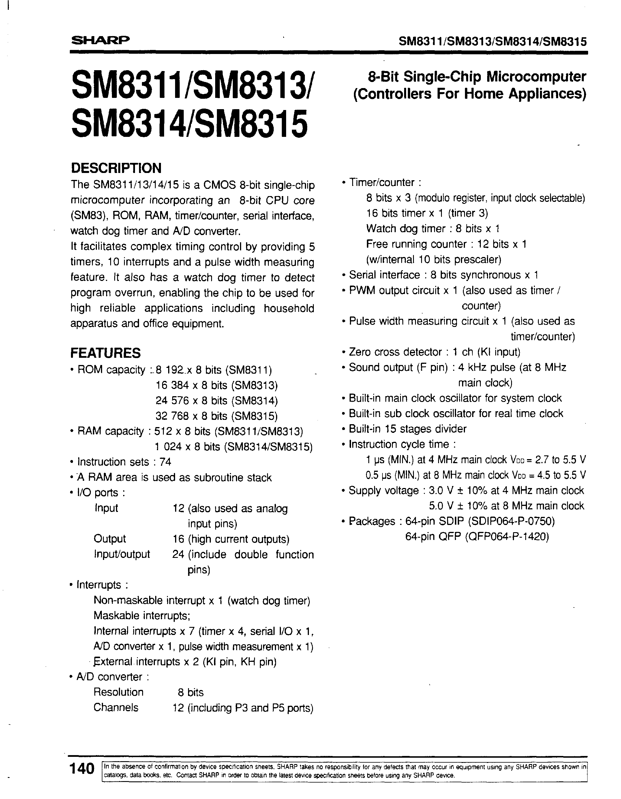 Datasheet SM8311 - 8-Bit Single-Chip Microcomputer(Controllers For Home Appliances) page 1