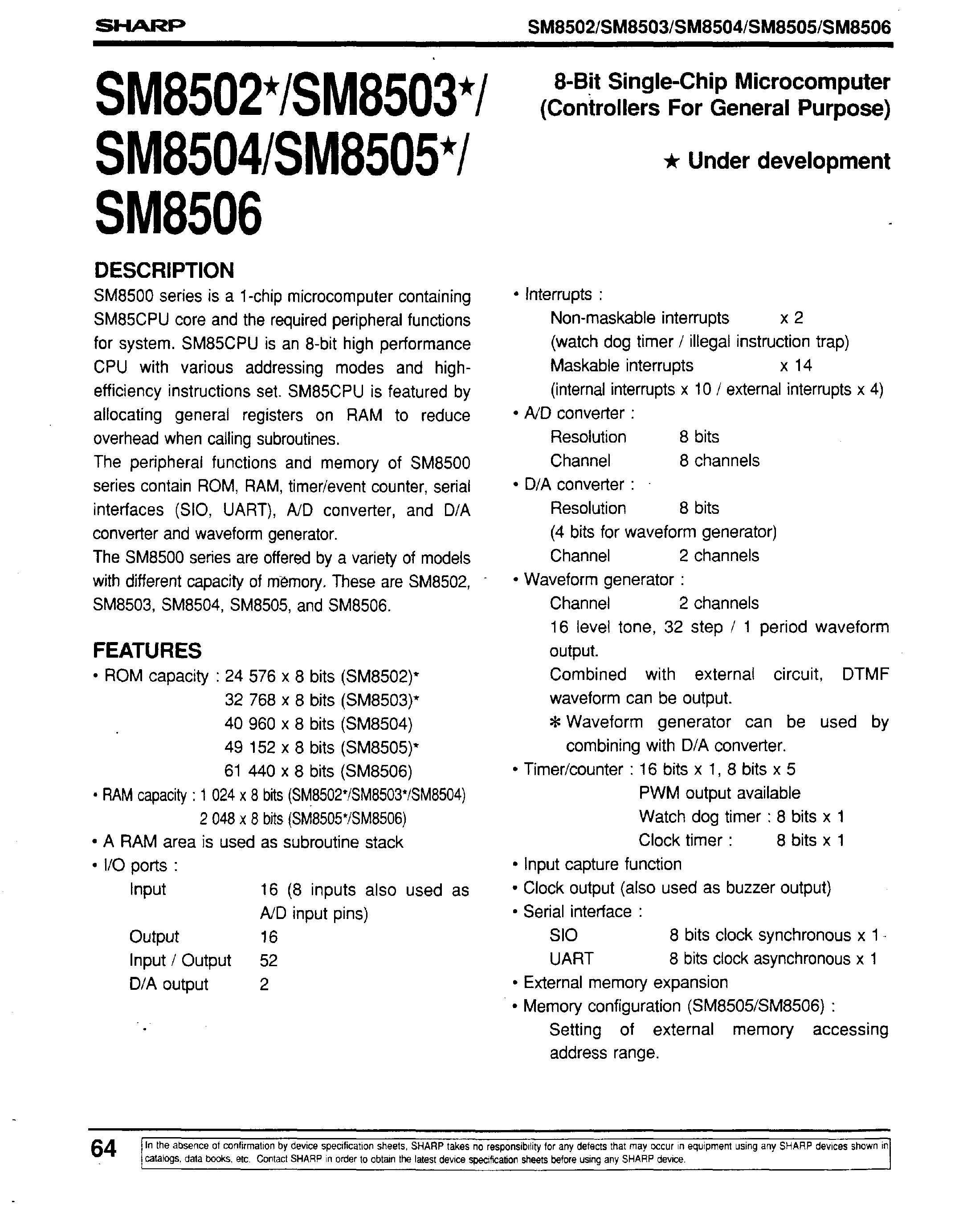 Datasheet SM8502 - 8-Bit Single-Chip Microcomputer(Controllers For General Purpose) page 1