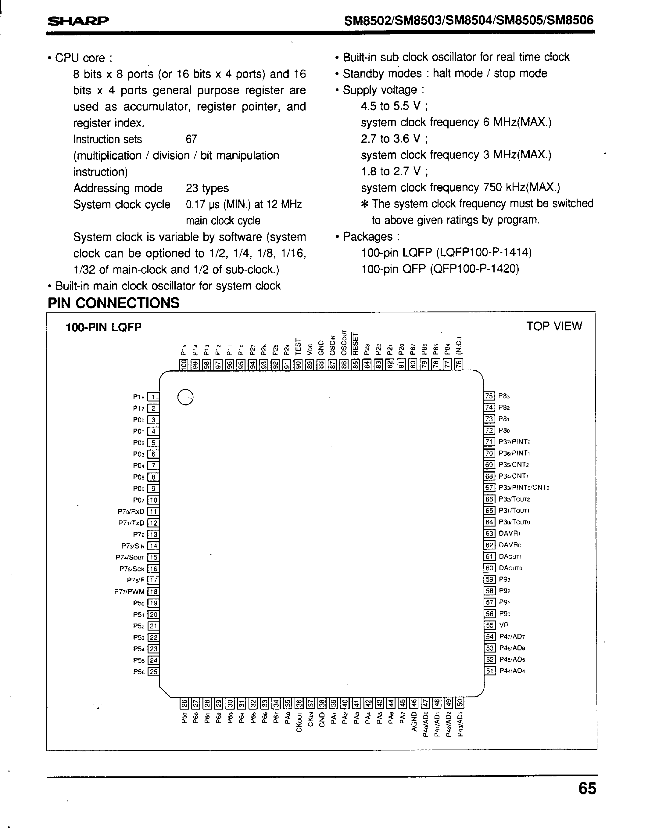 Datasheet SM8502 - 8-Bit Single-Chip Microcomputer(Controllers For General Purpose) page 2