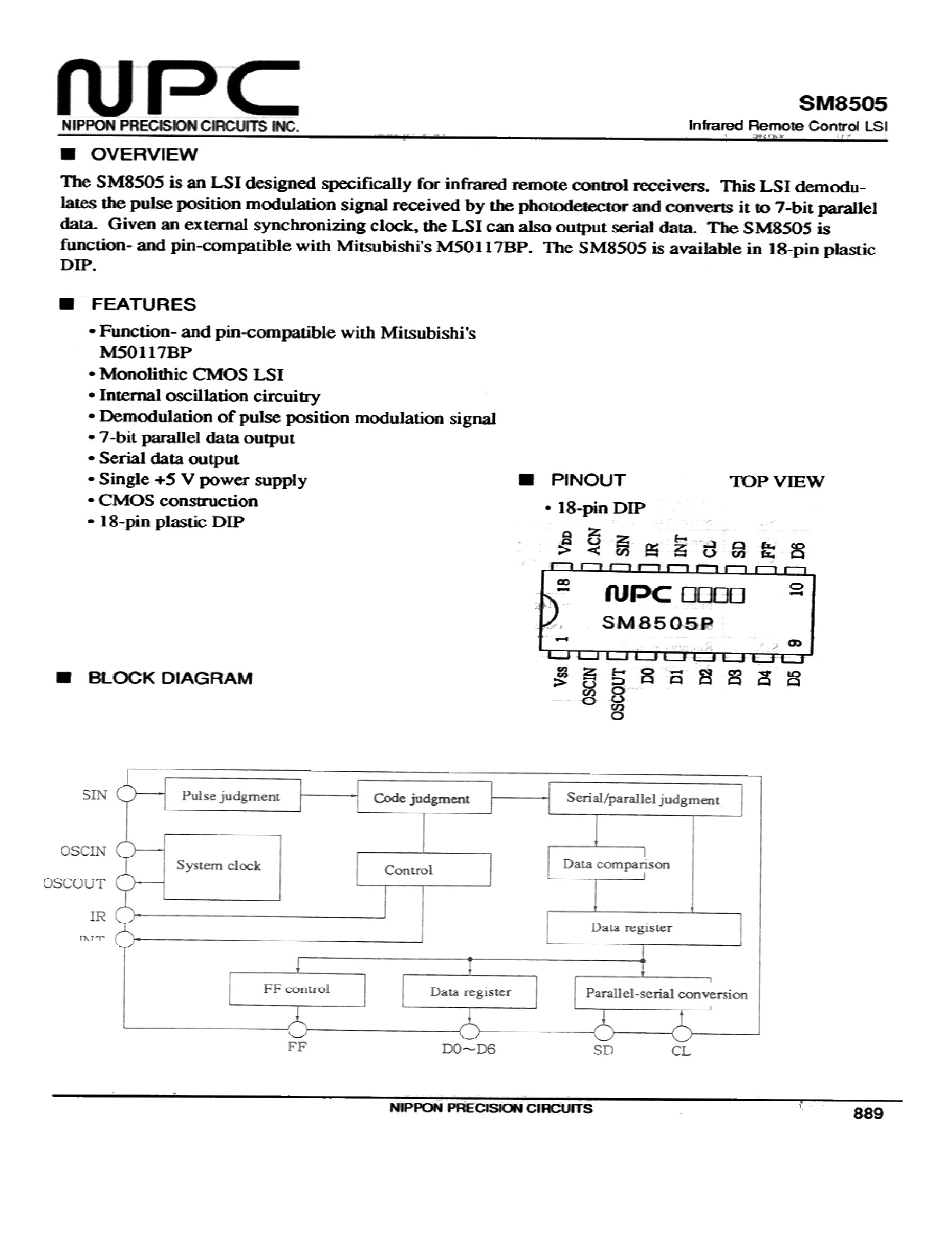 Datasheet SM8505 - Infrared Remote Control LSI page 1