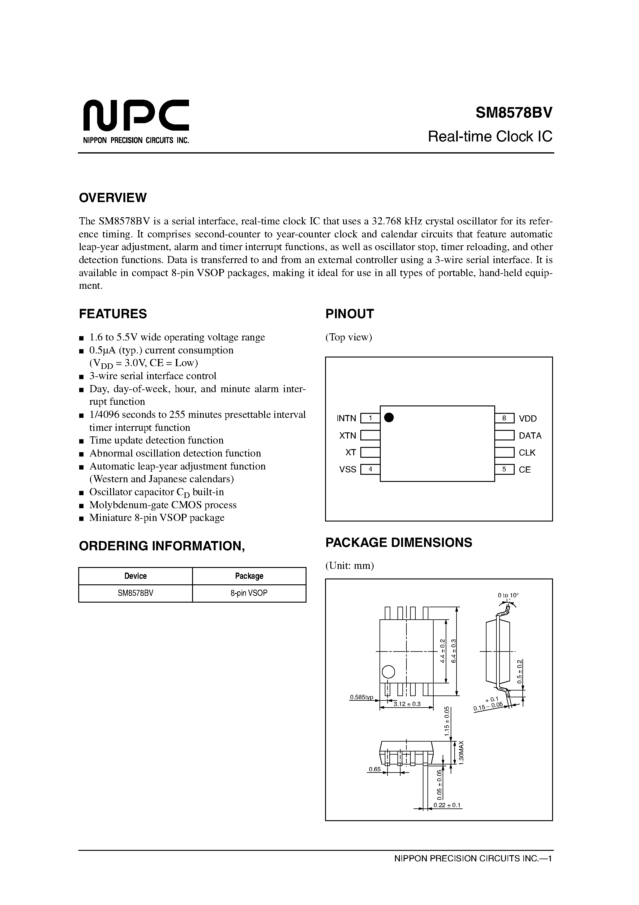 Datasheet SM8578 - Real-time Clock IC page 1