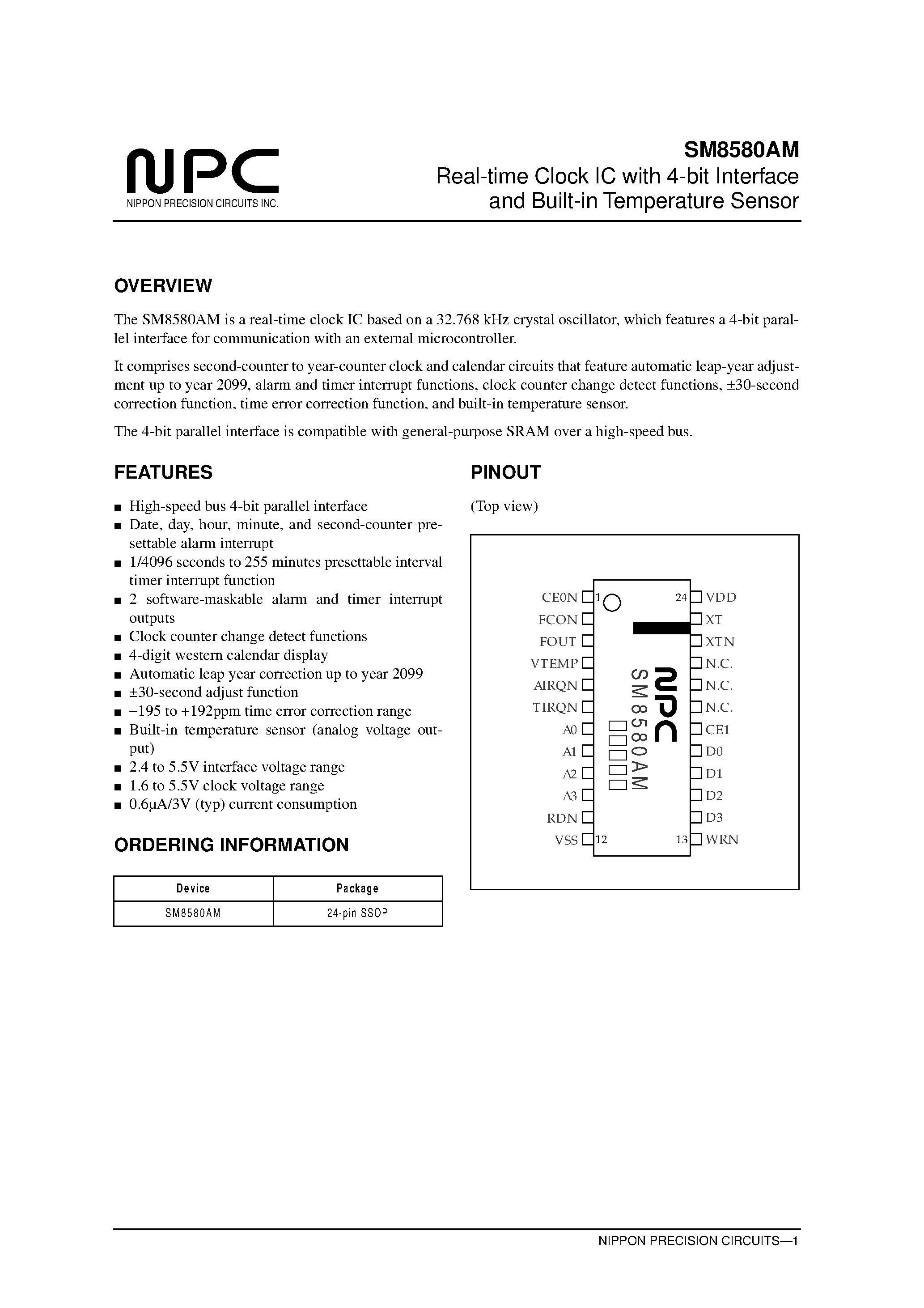 Datasheet SM8580 - Real-time Clock IC with 4-bit Interface and Built-in Temperature Sensor page 1