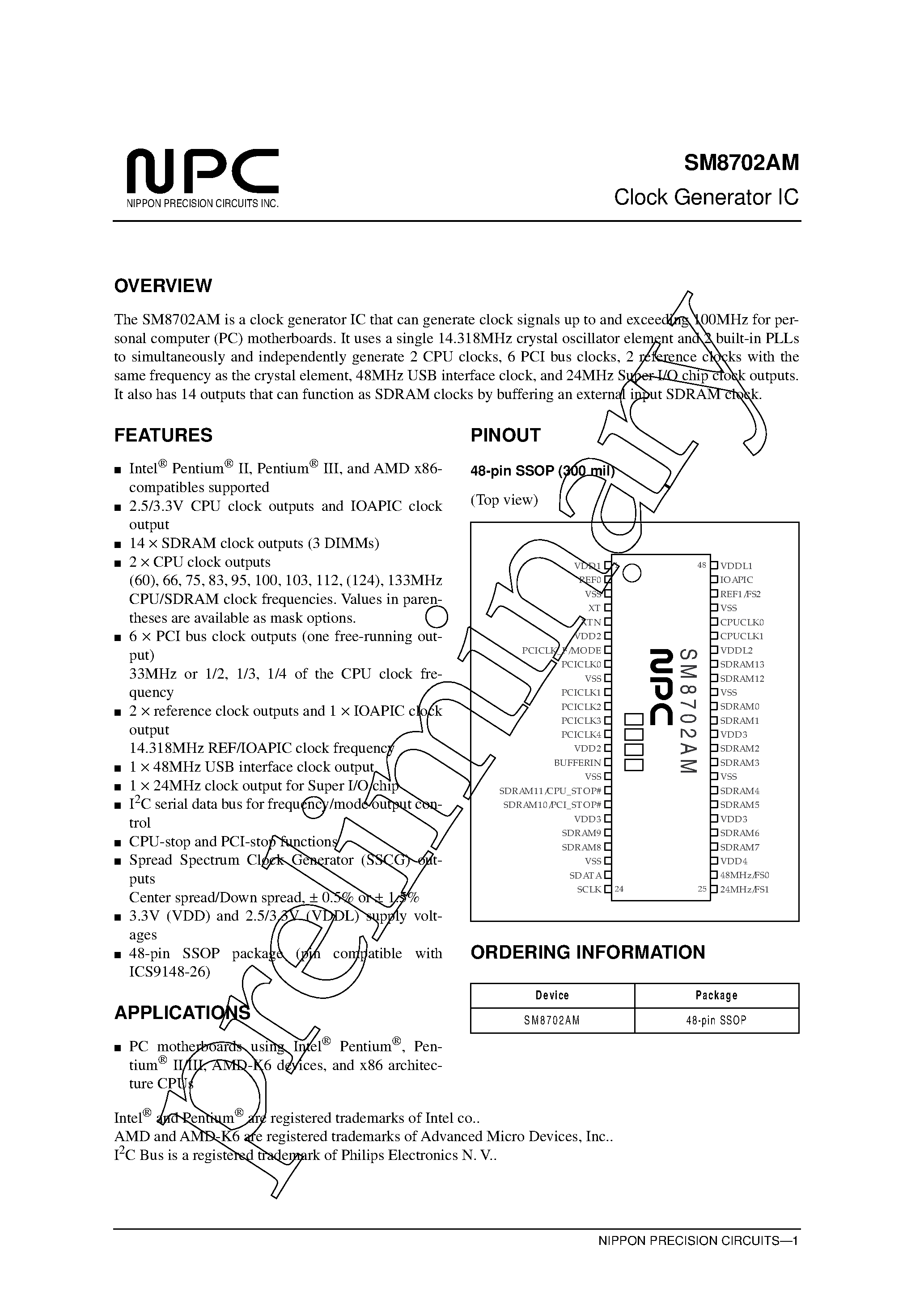 Datasheet SM8702AM - Clock Generator IC page 1