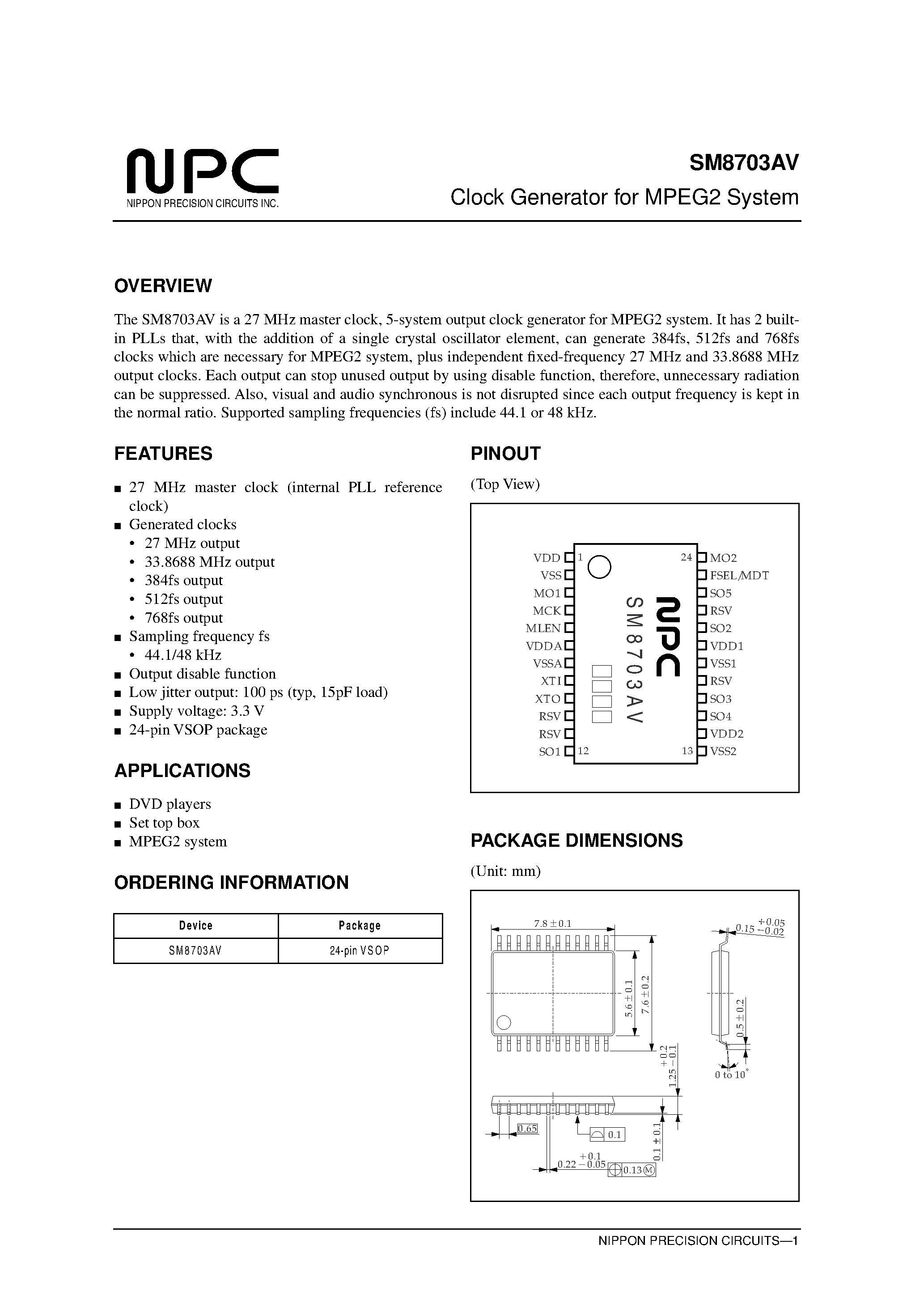 Datasheet SM8703AV - Clock Generator for MPEG2 System page 1