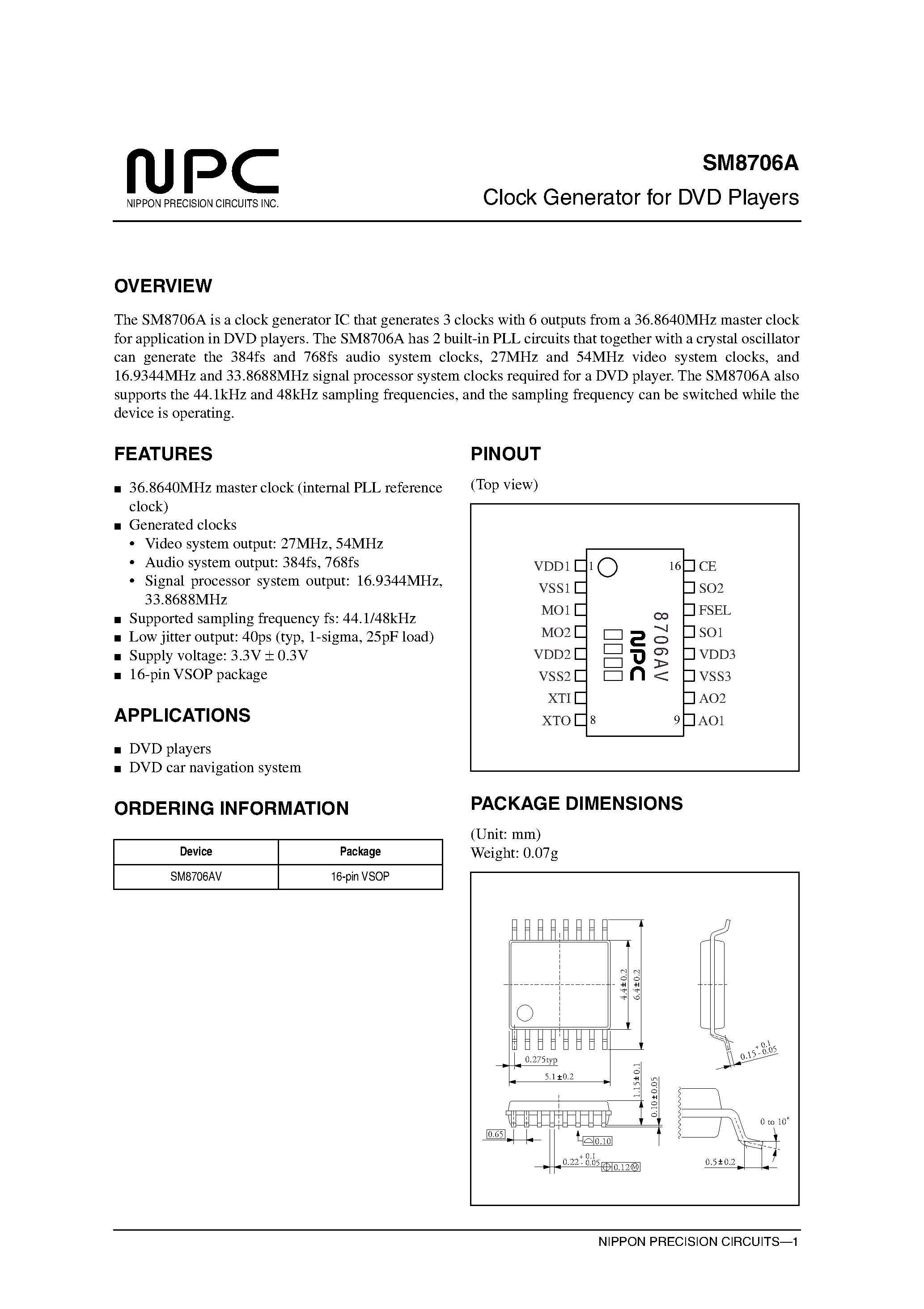 Datasheet SM8706AV - Clock Generator for DVD Players page 1