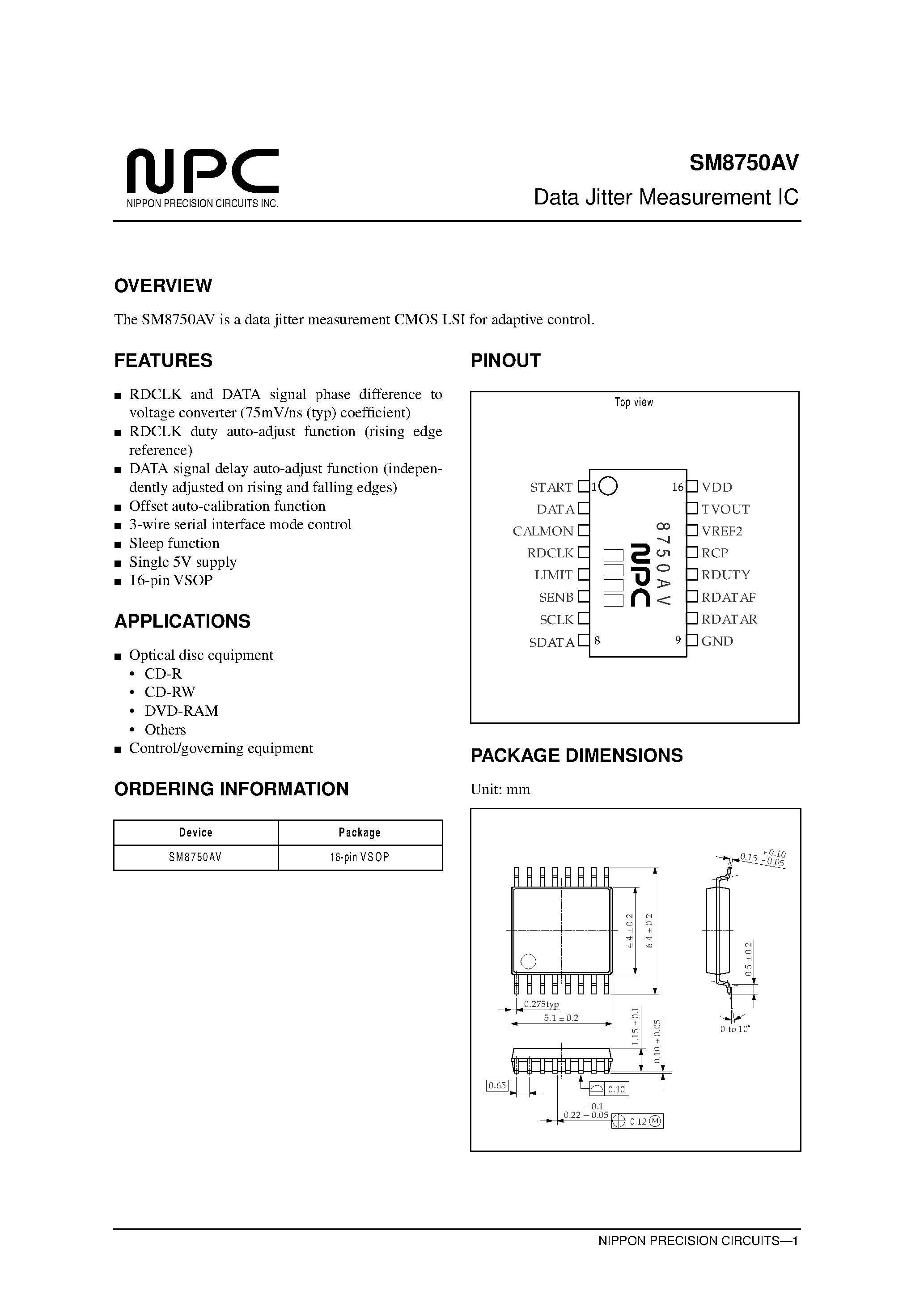 Datasheet SM8750AV - Data Jitter Measurement IC page 1