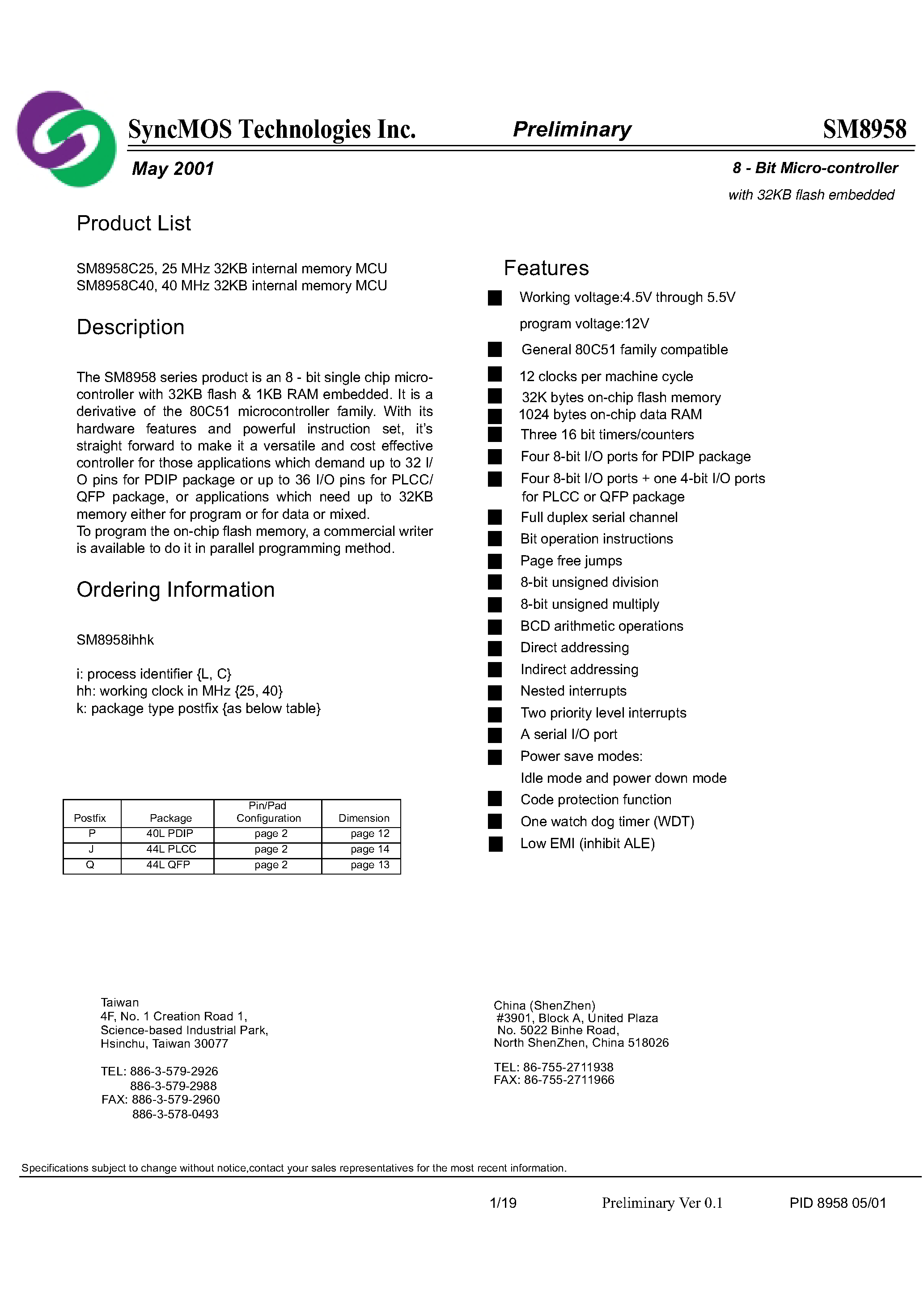 Datasheet SM8958 - 8-bit Micro-controller with 32K Flash embedded page 1