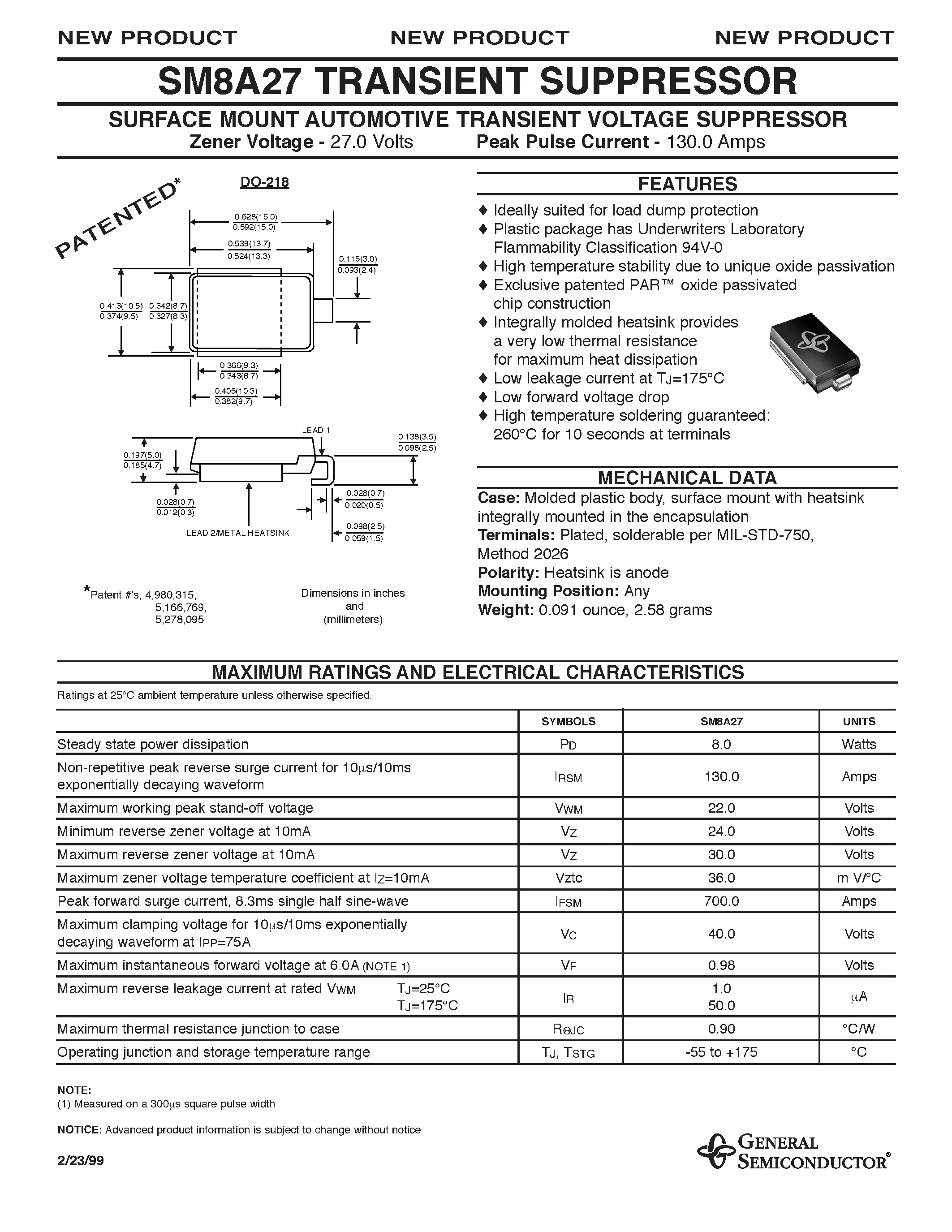 Datasheet SM8A27 - SURFACE MOUNT AUTOMOTIVE TRANSIENT VOLTAGE SUPPRESSOR page 1