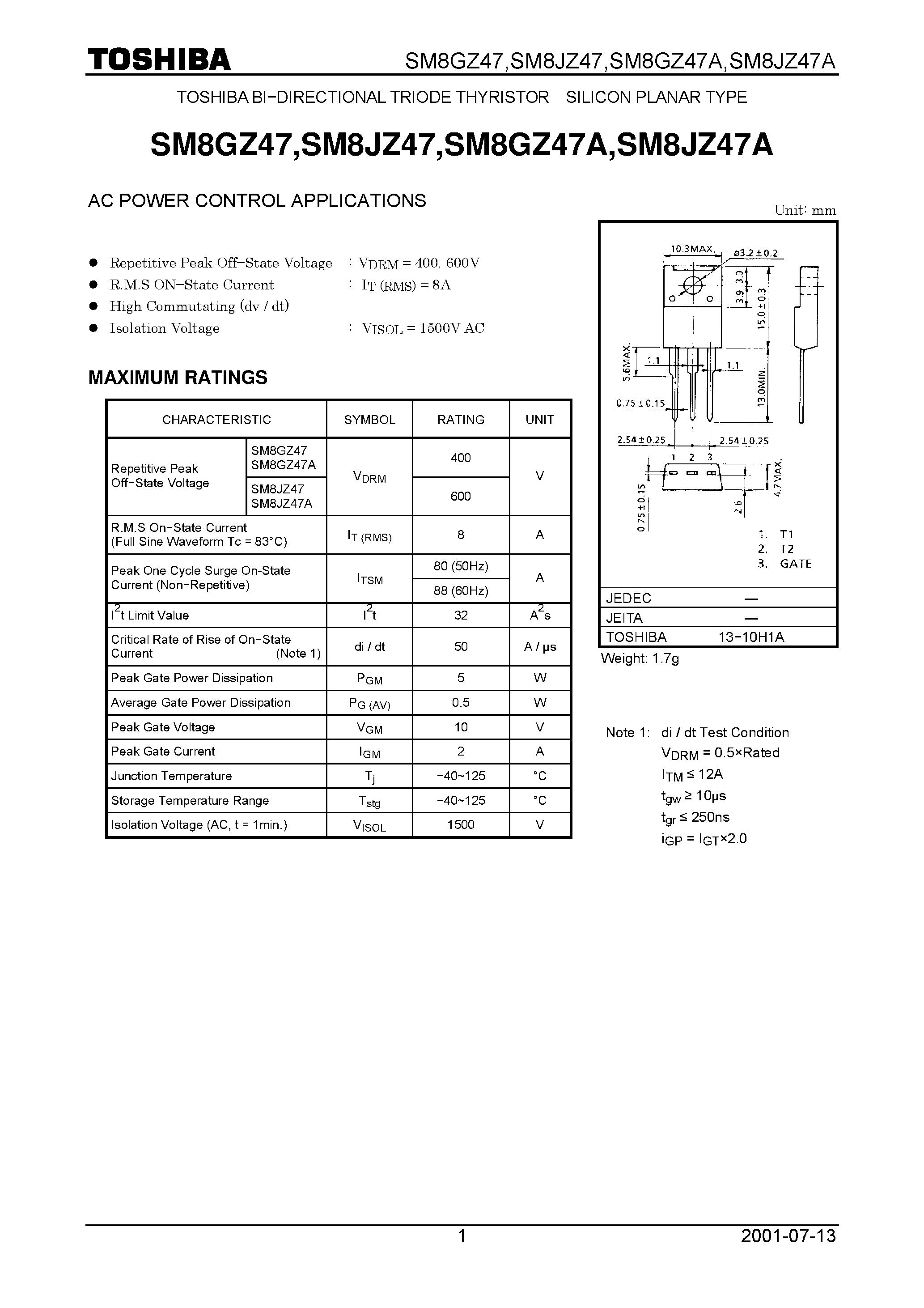 Datasheet SM8GZ47 - AC POWER CONTROL APPLICATIONS page 1