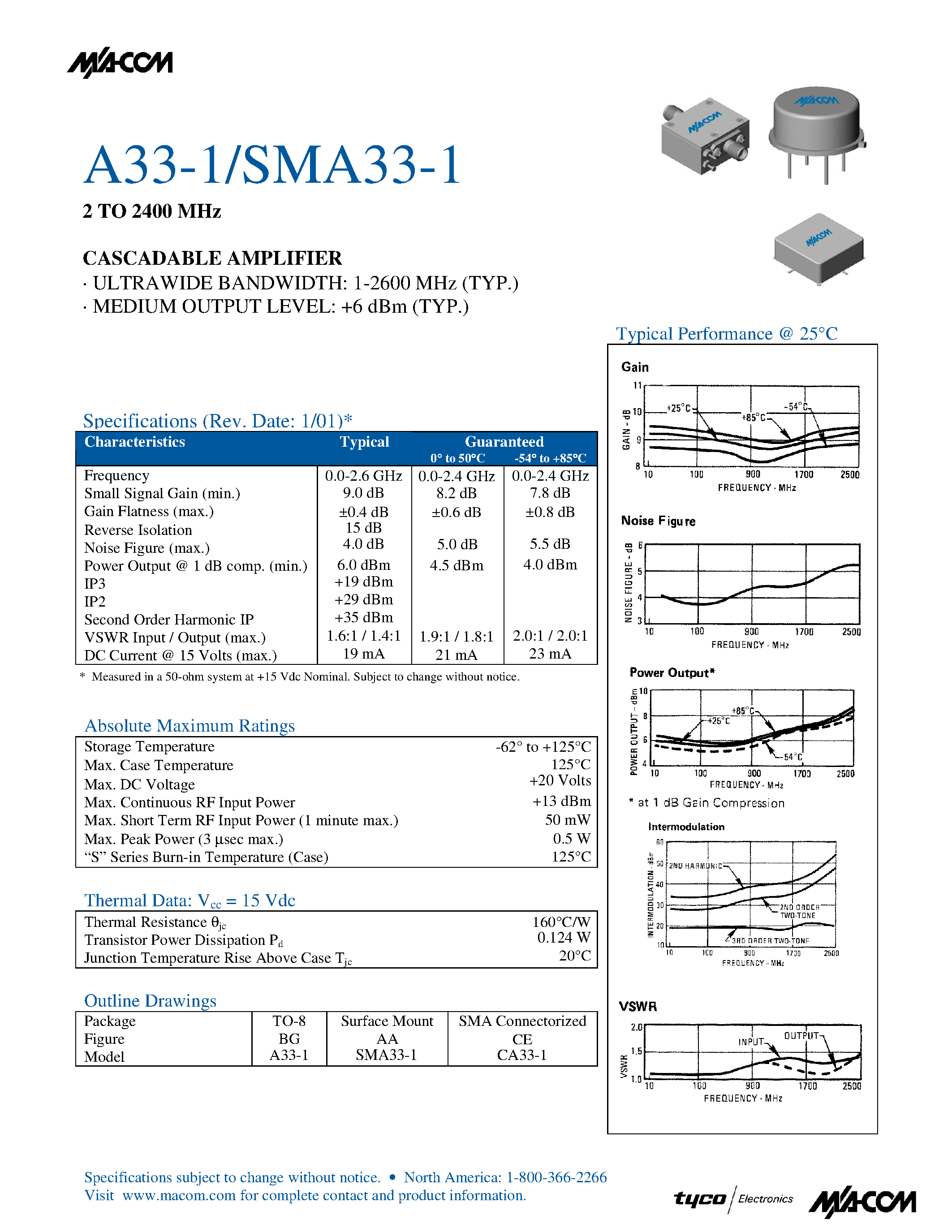 Даташит SMA33-1 - 2 TO 2400 MHz CASCADABLE AMPLIFIER страница 1