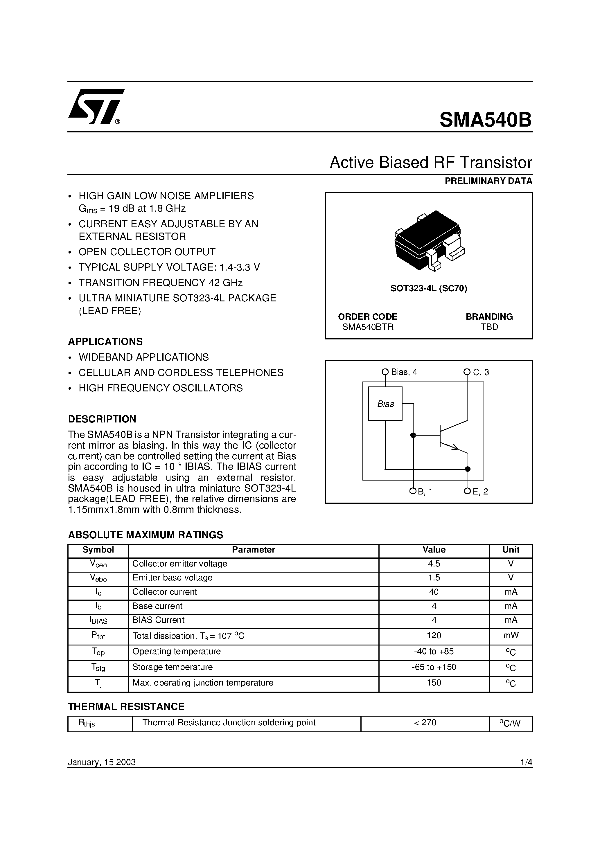 Даташит SMA540B - Active Biased RF Transistor страница 1